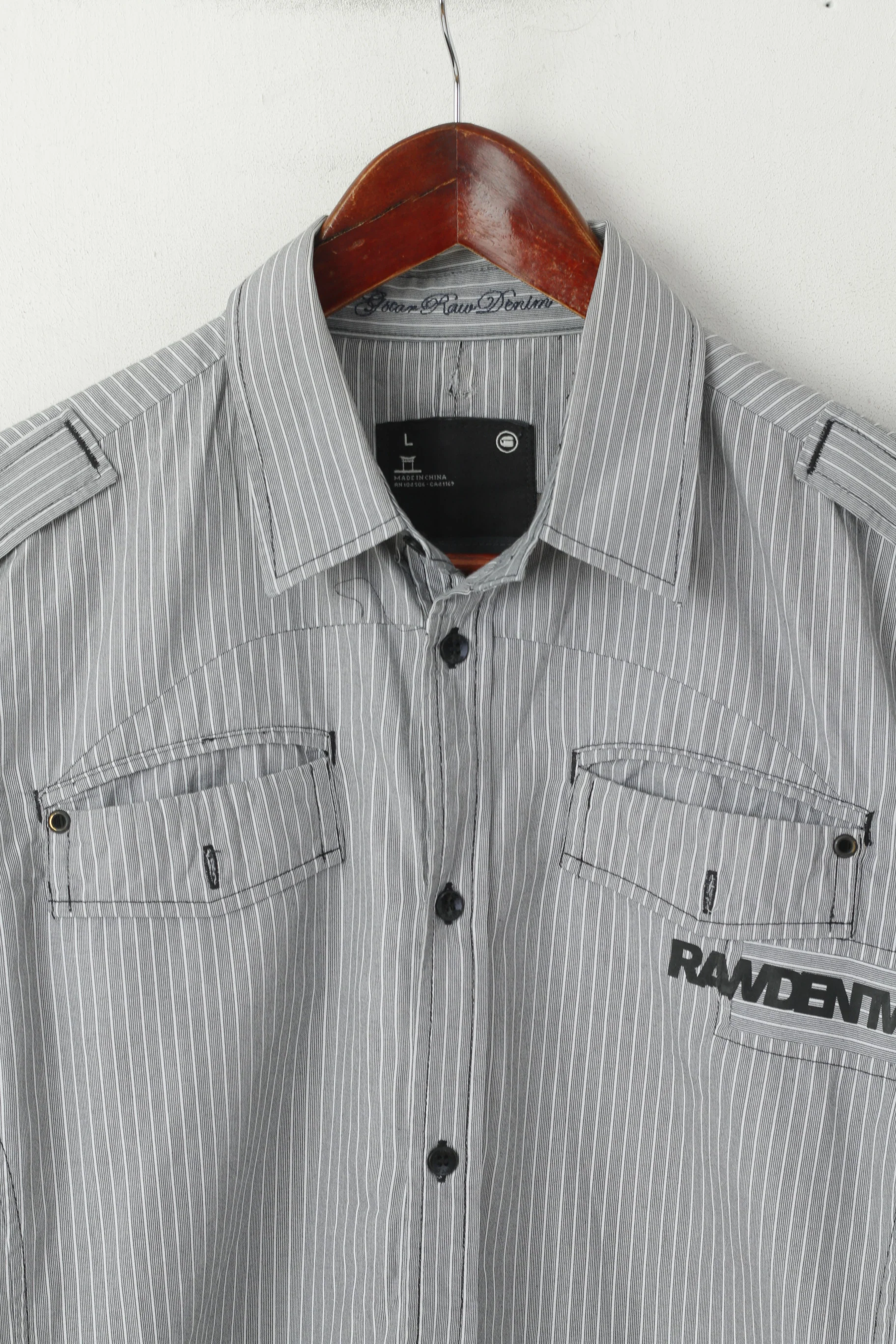 G-Star Raw Men L Casual Shirt Grey Striped Cotton Pocket Slim Fit Long Sleeve Top - Image 2