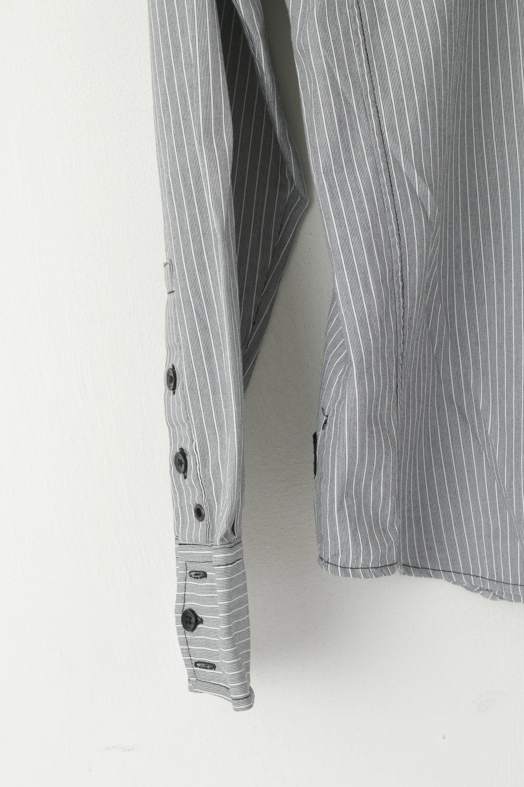 G-Star Raw Men L Casual Shirt Grey Striped Cotton Pocket Slim Fit Long Sleeve Top - Image 3