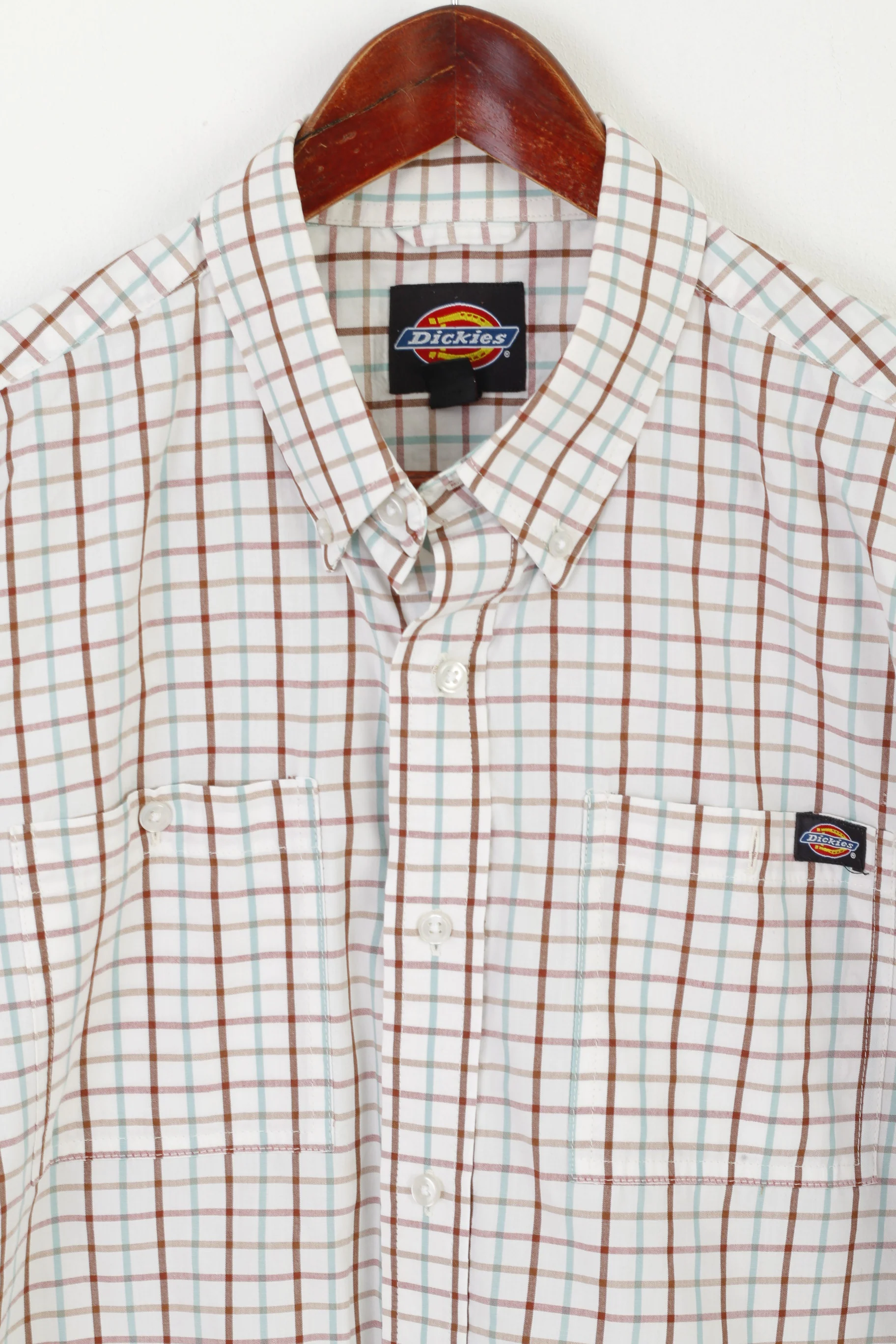 Dickies Men XL Casual Shirt Beige Checkered Cotton Blend Pocket Short Sleeve Top - Image 2
