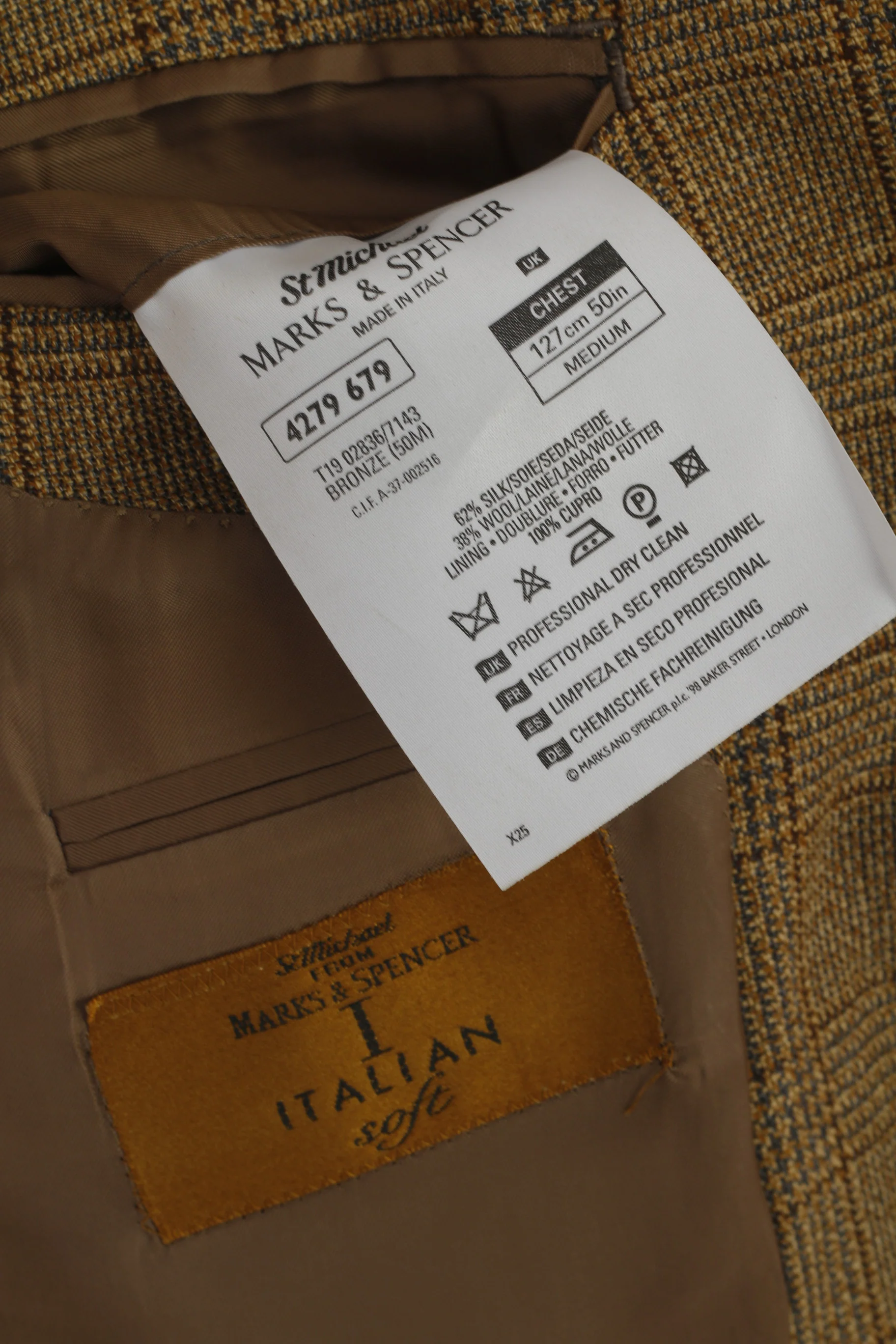 Marks & Spencer Italian Soft Men 50 Blazer Brown Check Silk Wool Blend Italy Jacket - Image 5