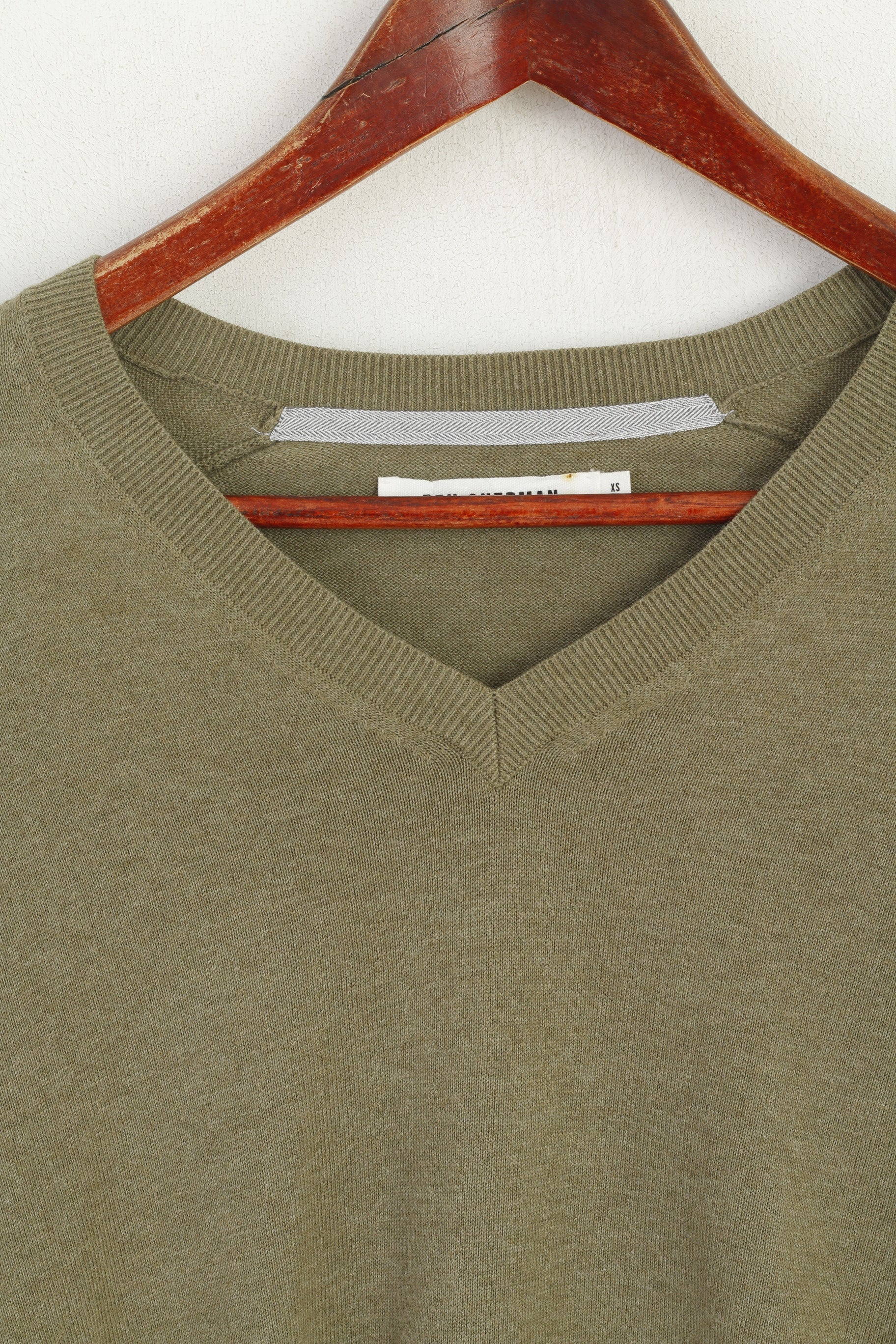 Ben Sherman Men XS Jumper Green Cotton Soft V Neck Classic Plain Patches Sweater - Image 2