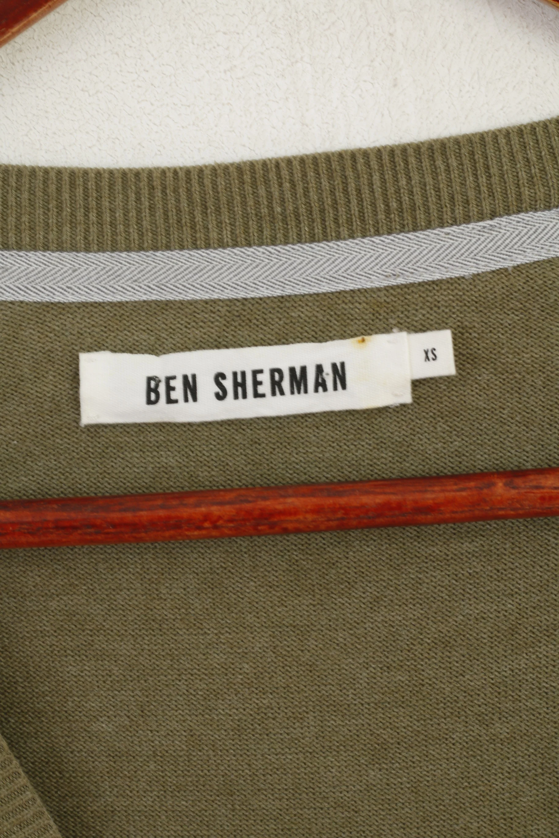 Ben Sherman Men XS Jumper Green Cotton Soft V Neck Classic Plain Patches Sweater - Image 4