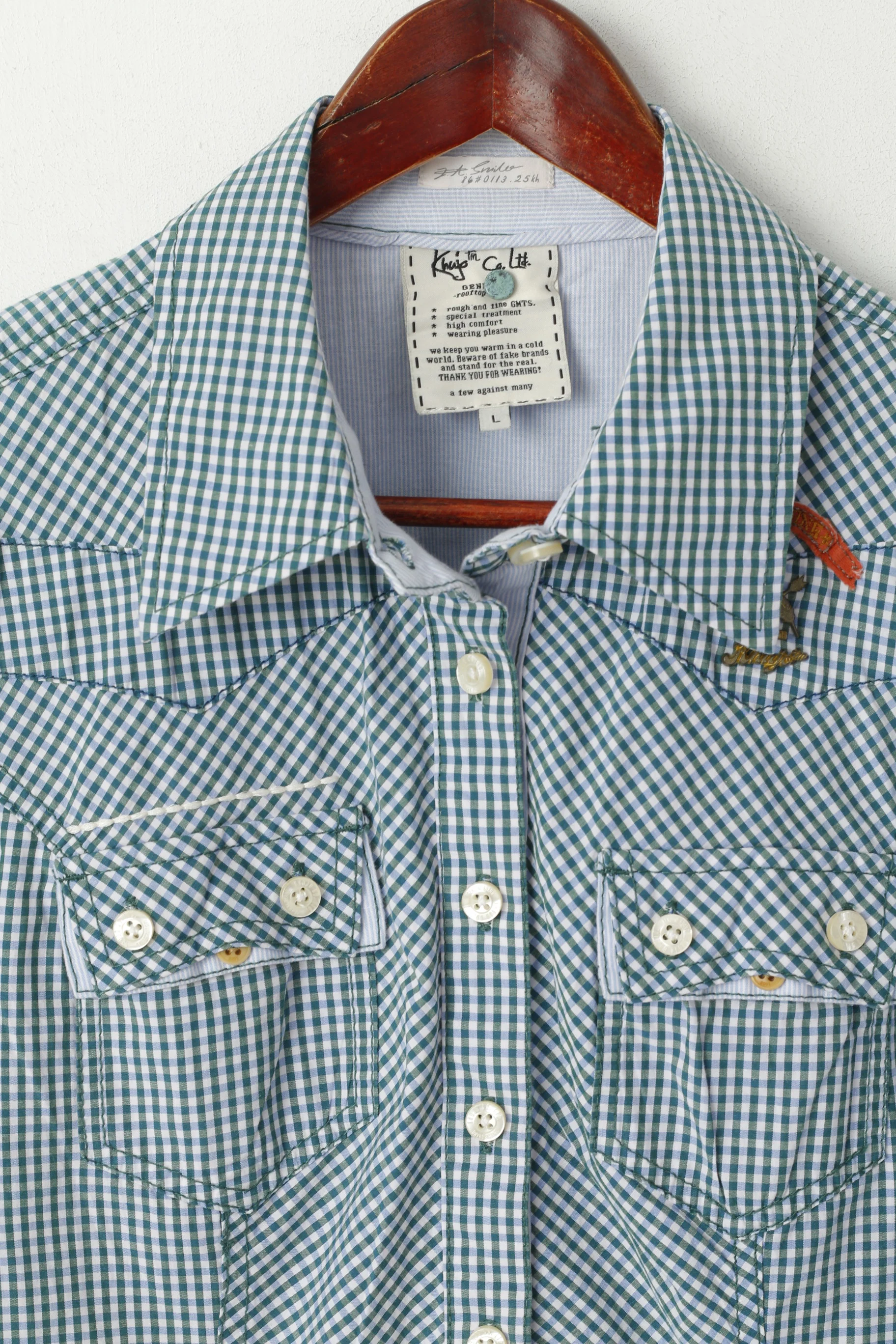 Khujo Women L (M) Casual Shirt Green Blue Check Cotton Rooftop Short Sleeve Top - Image 2