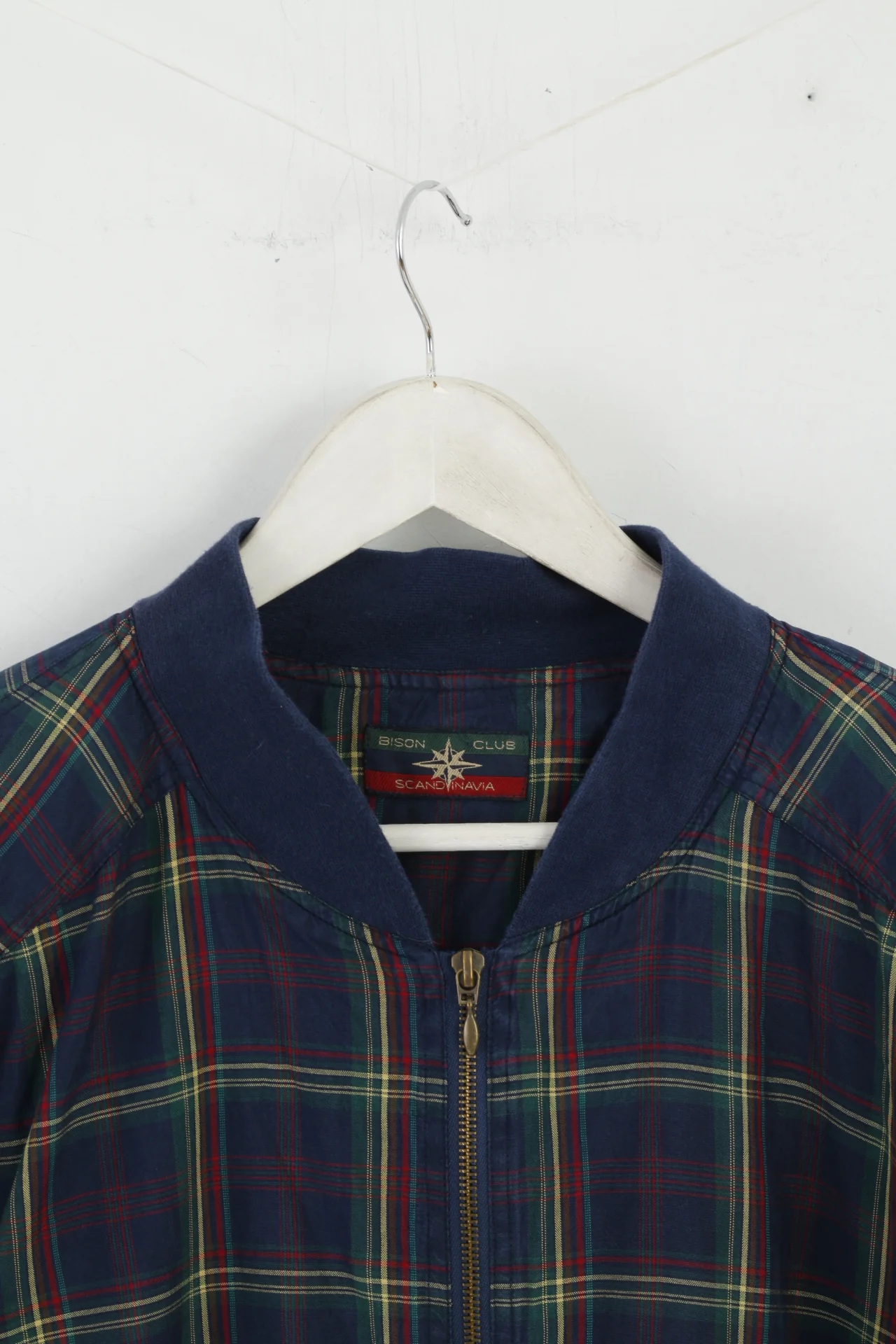 Bison Club Scandinavia Men XXL Jacket Navy Check Silk Bomber Shoulder Pads Bomber Top - Image 2