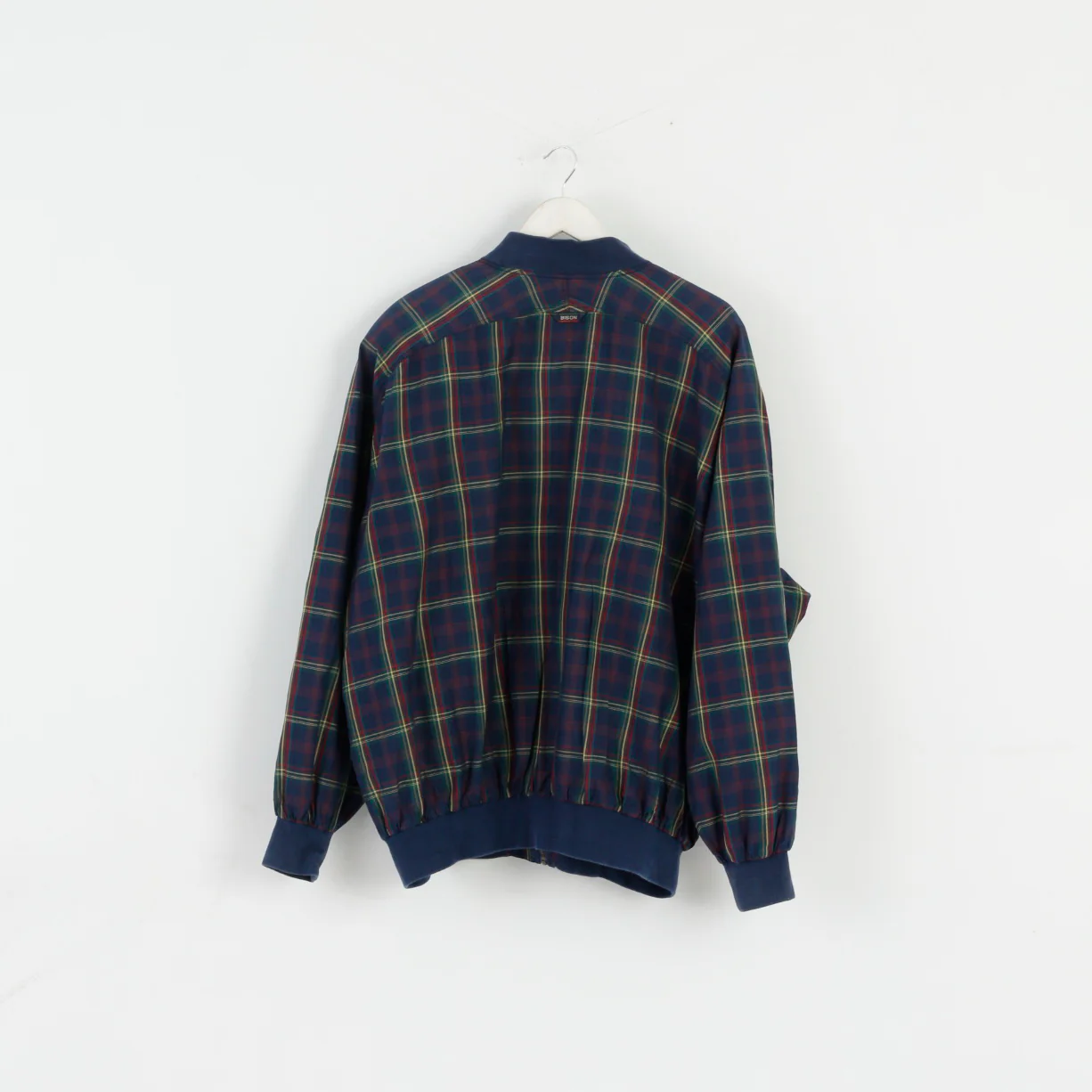 Bison Club Scandinavia Men XXL Jacket Navy Check Silk Bomber Shoulder Pads Bomber Top - Image 7