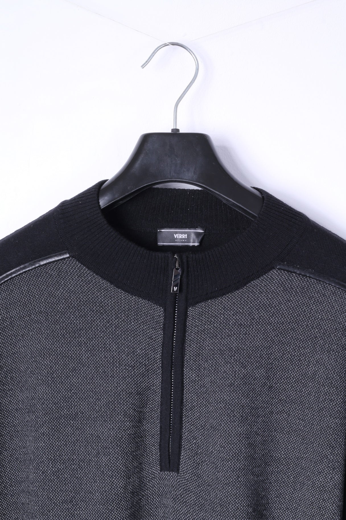 Verri Milano Mens 56 XL Jumper Black Wool Zip Neck Light Sweater Stretch Top - Image 2