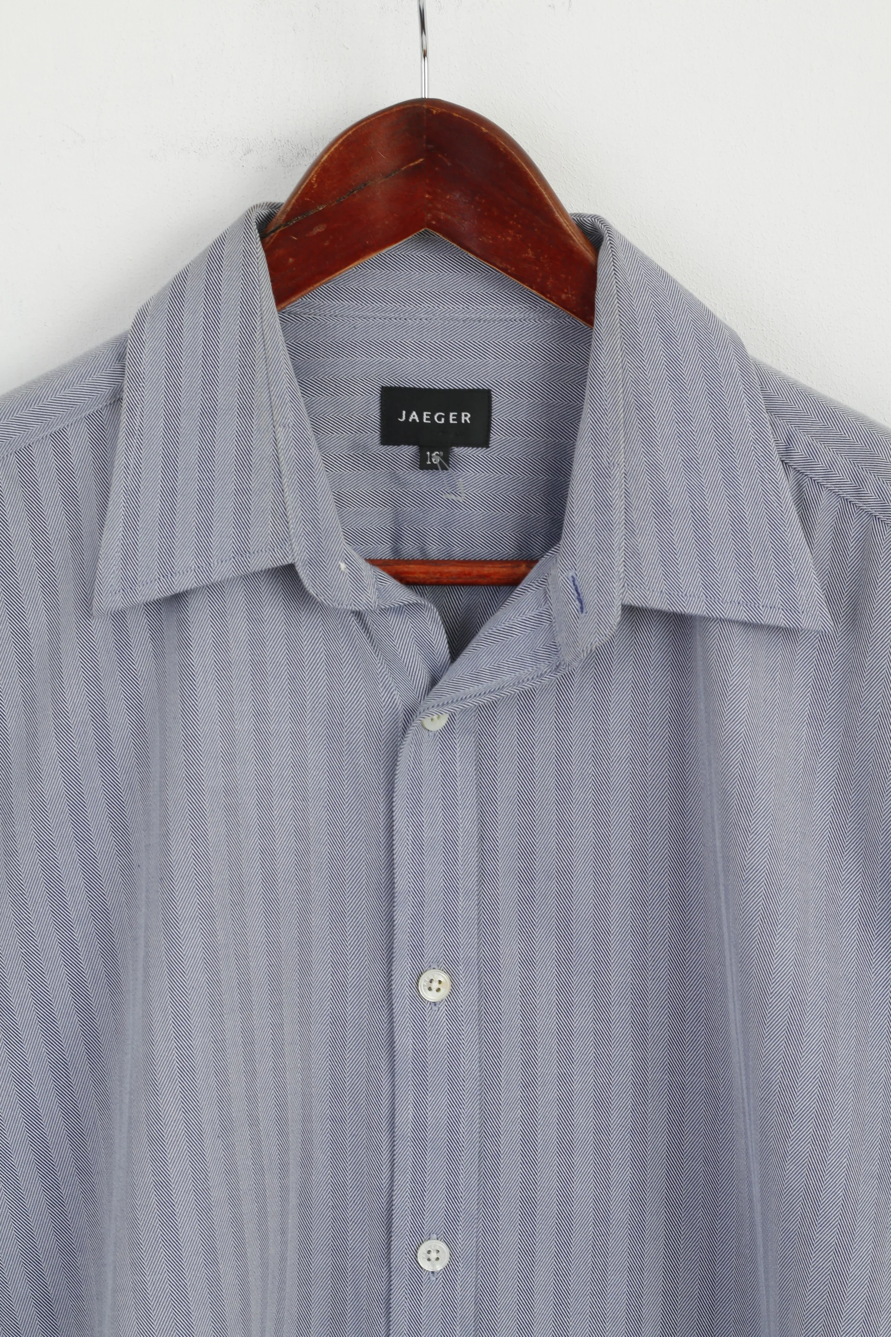 Jaeger Men 16 L Casual Shirt Blue Cotton Striped Long Sleeve Detailed Buttons Top - Image 2