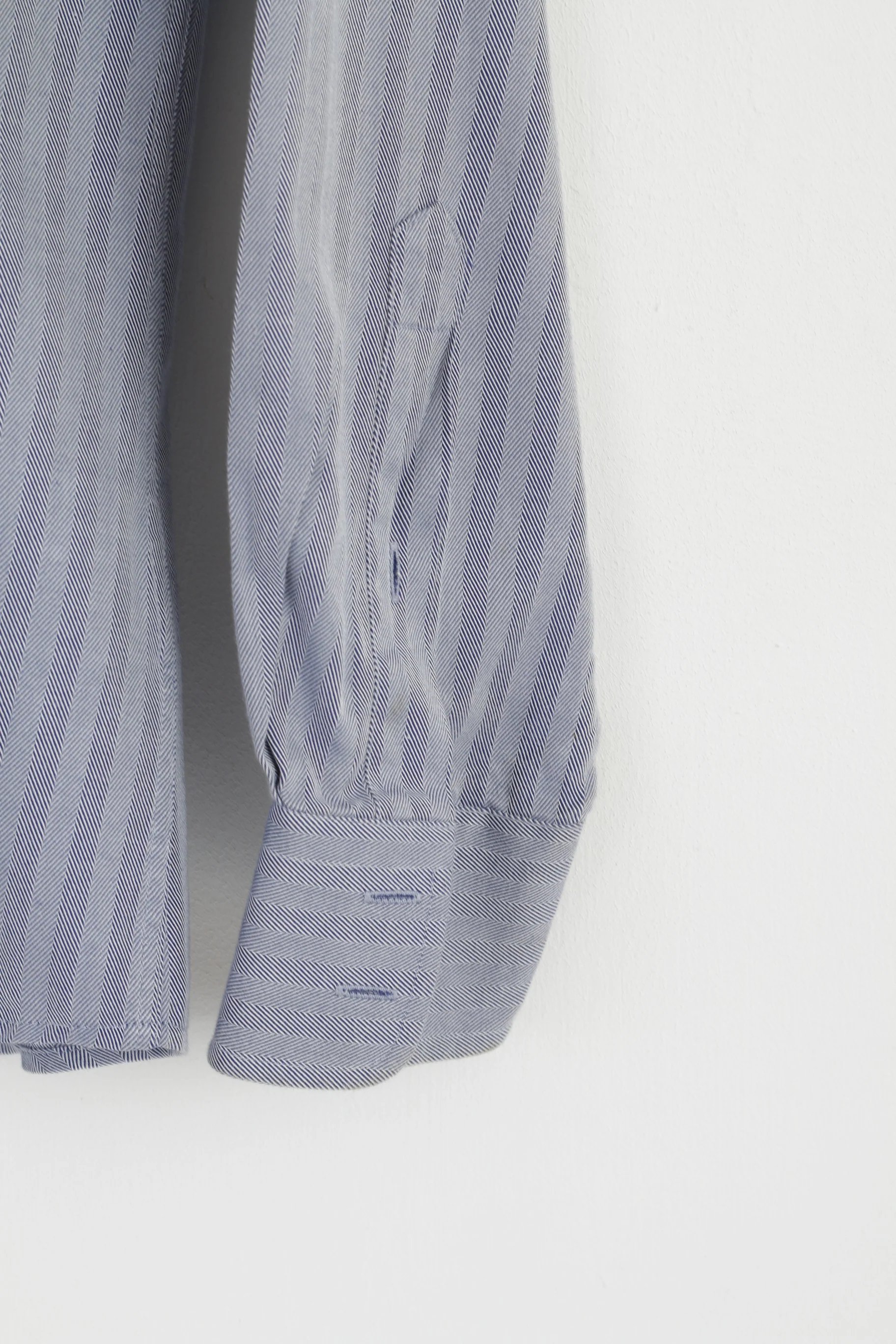 Jaeger Men 16 L Casual Shirt Blue Cotton Striped Long Sleeve Detailed Buttons Top - Image 3