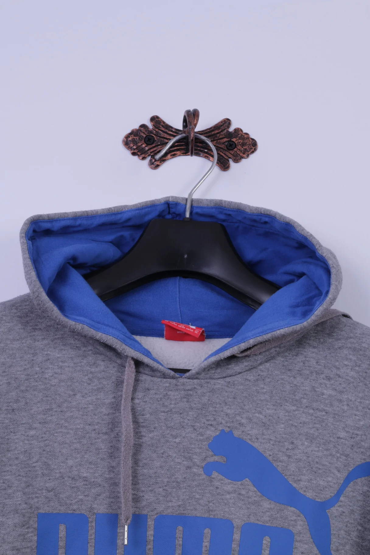 PUMA Mens XL Sweatshirt Grey Cotton Blue Logo Hooded Kangaroo Pocket Hoodie - Image 2