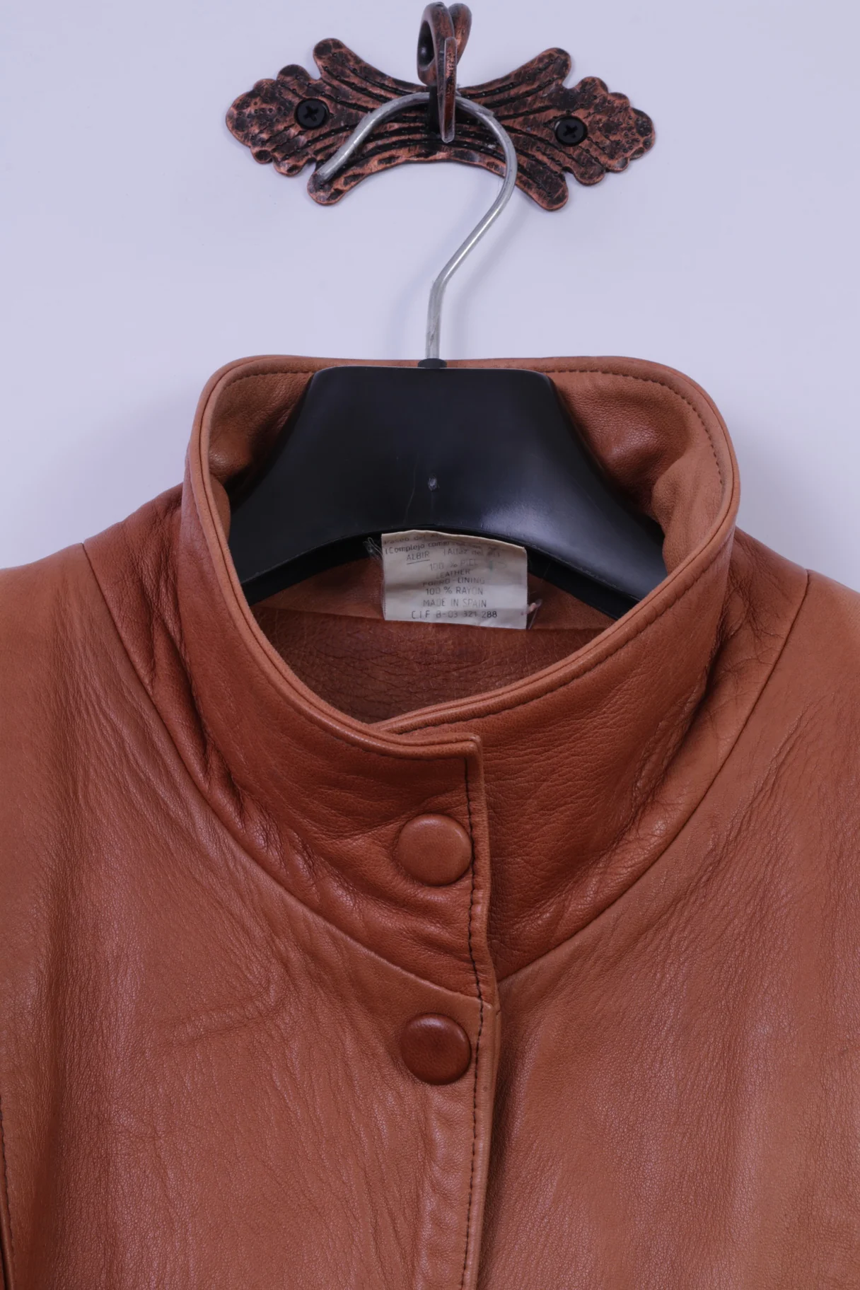 Albir Piel Womens M Bomber Jacket Brown Leather Vintage Made In Spain Snap Top - Image 2