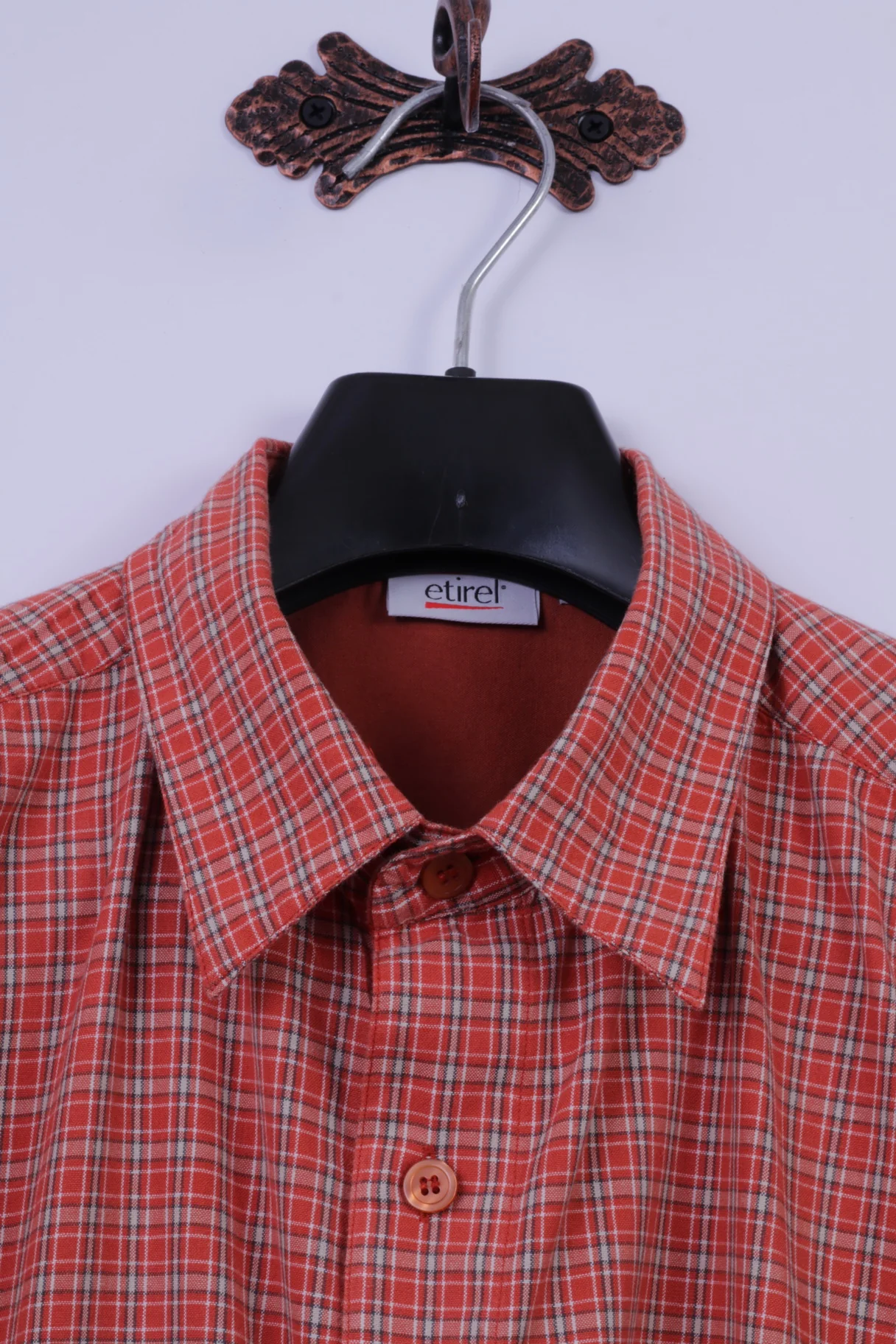 Etirel Mens L Casual Shirt Orange Check Cotton Two Pockets Outdoor Short Sleeve - Image 2