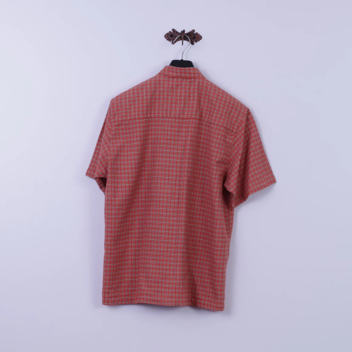 Etirel Mens L Casual Shirt Orange Check Cotton Two Pockets Outdoor Short Sleeve - Image 8