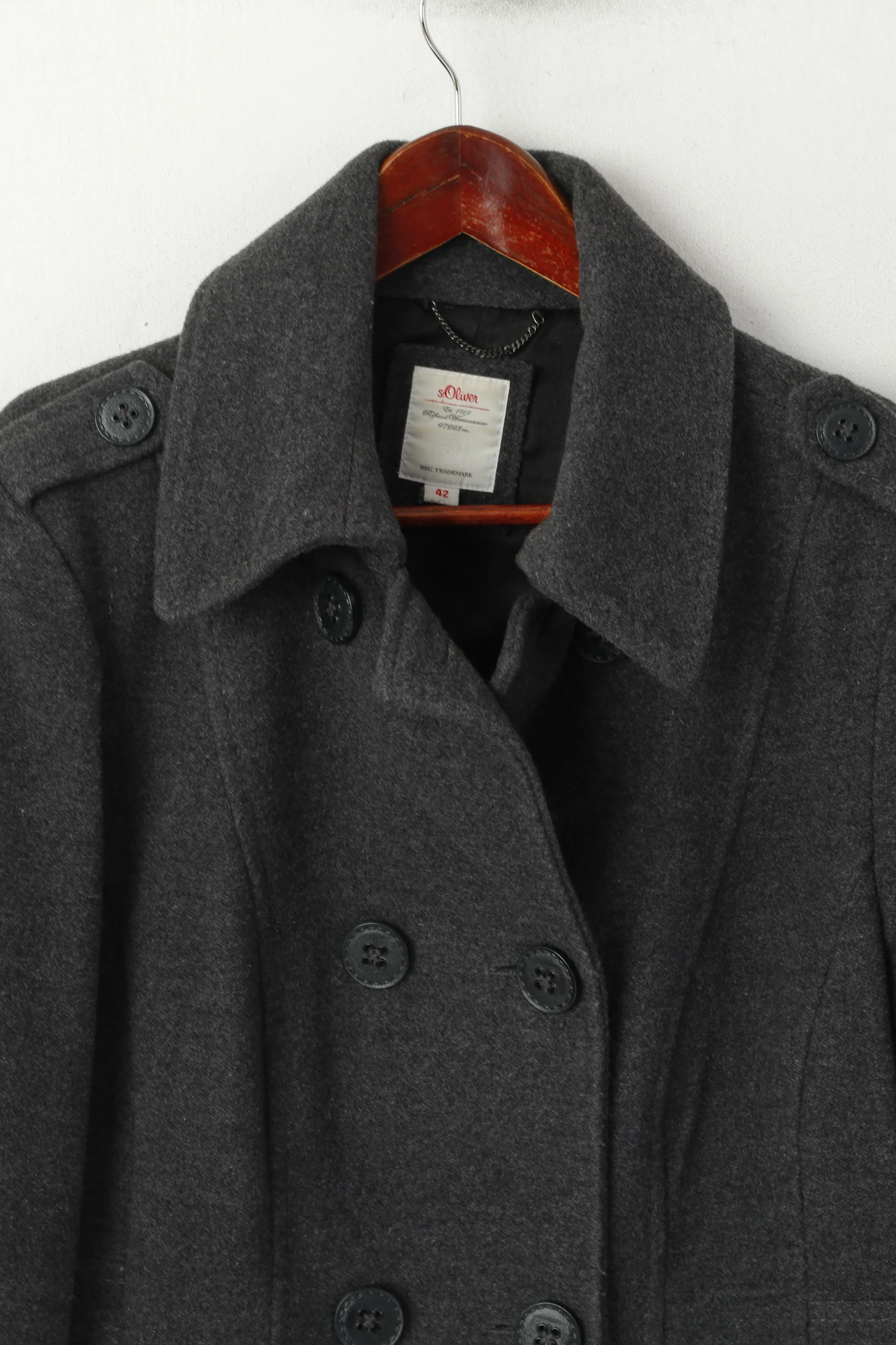s. Oliver Women 42 L Pea Coat Gray Wool Double Breasted Classic Jacket - Image 2