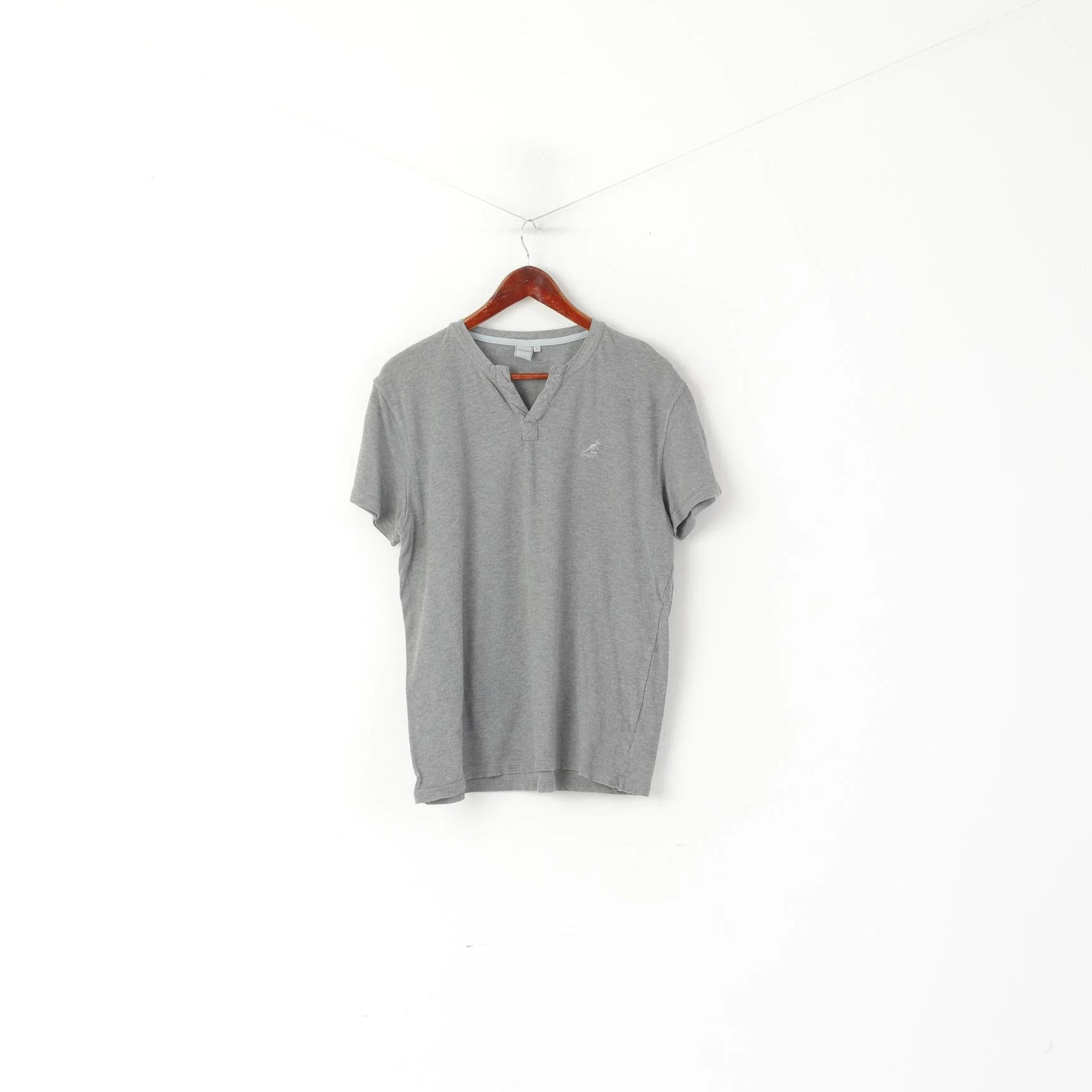 Kangol Men L (M) Shirt Grey Cotton Plain V Neck Vintage Short Sleeve Top