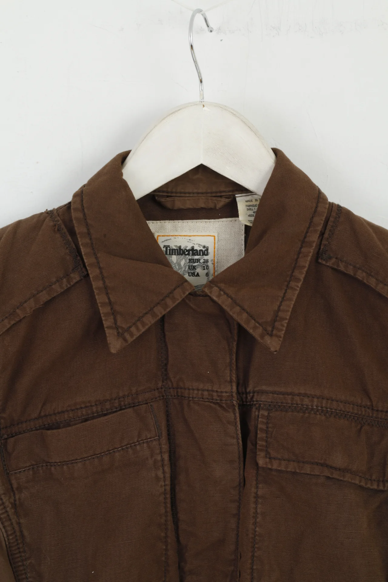 Timberland Women 38 10 S Jacket Brown Cotton Linen Blend Zip Up Top - Image 2