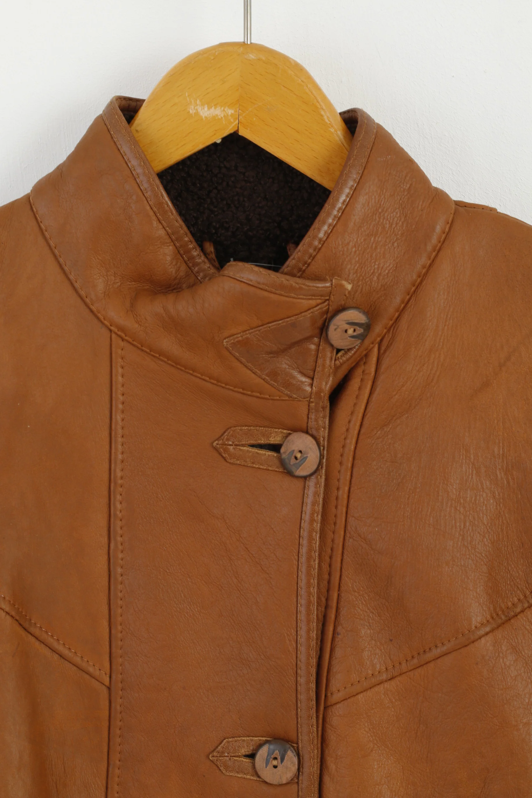 Frapelz Modell Women L Jacket Brown Leather Vintage 90s buttoned Long Top - Image 2