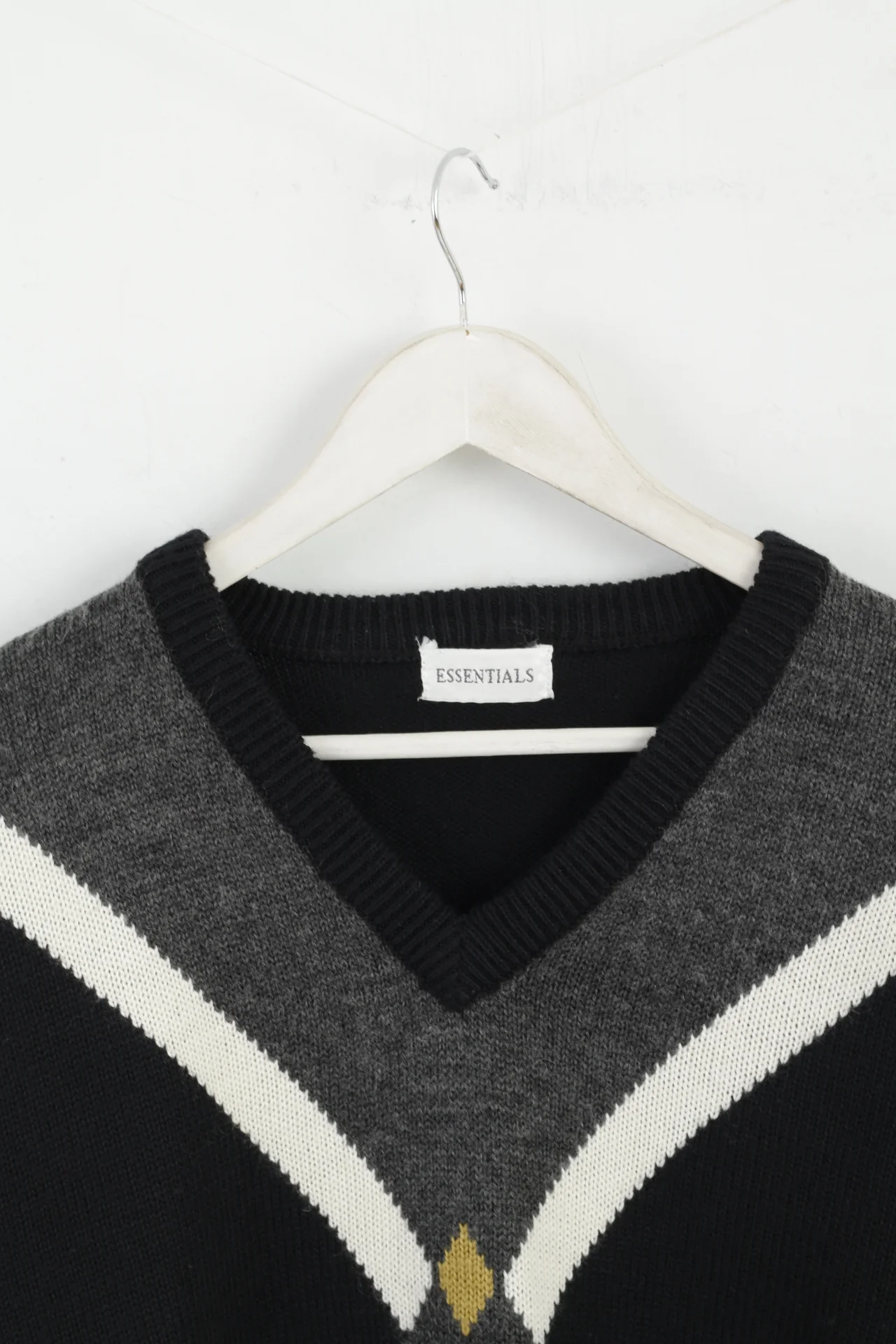 Essentials Men M Jumper Black Wool Blend Vintage V Neck Golf Graphic Sweater - Image 2
