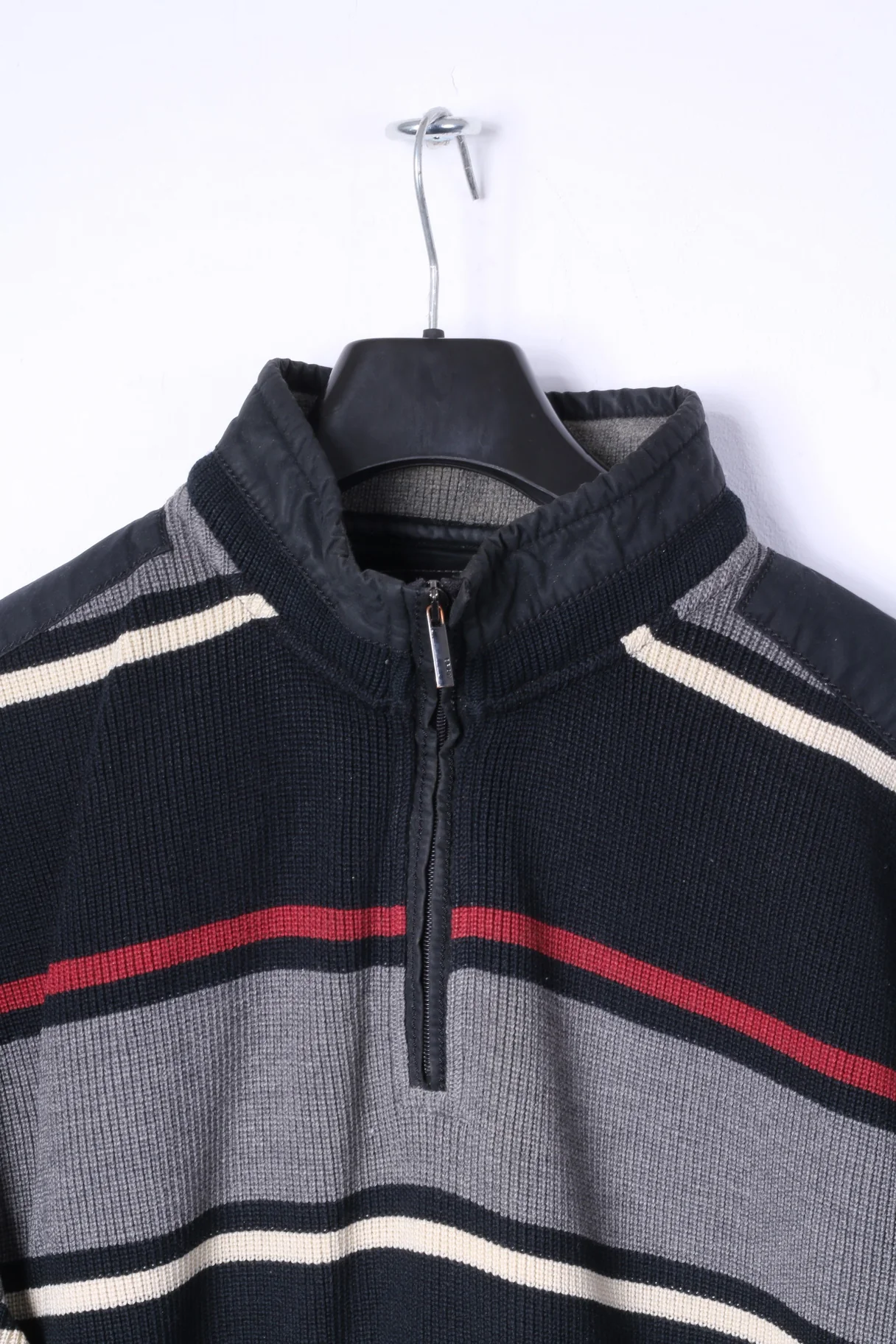 BRAX Mens 52 L Jumper Black Striped Zip Neck Wool Cotton Blend Sweater - Image 2