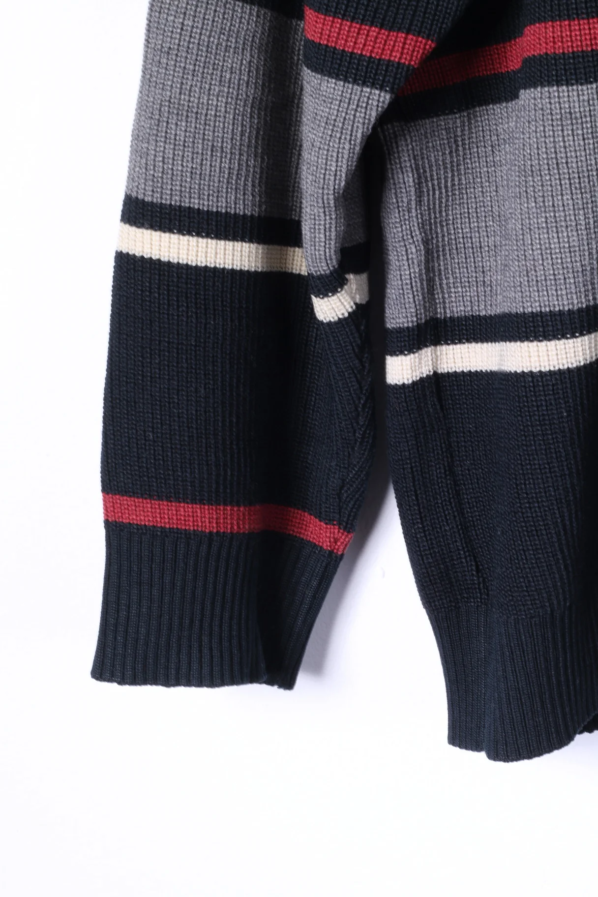 BRAX Mens 52 L Jumper Black Striped Zip Neck Wool Cotton Blend Sweater - Image 3