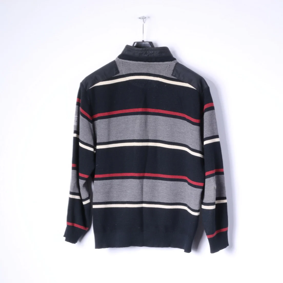 BRAX Mens 52 L Jumper Black Striped Zip Neck Wool Cotton Blend Sweater - Image 8