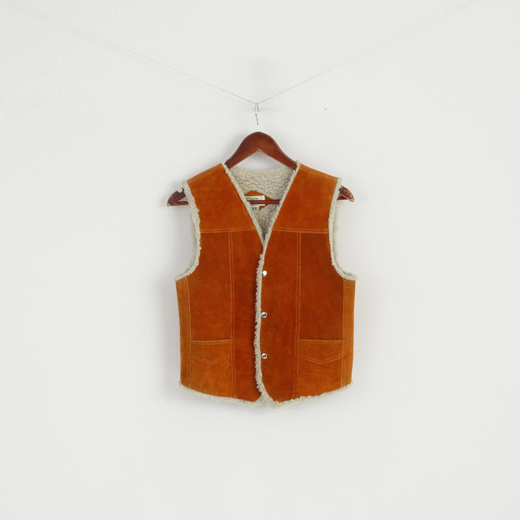 Genuine Leather Boys 10 Age Vest Brown Leather Imitation Wool Snaps Bodywarmer