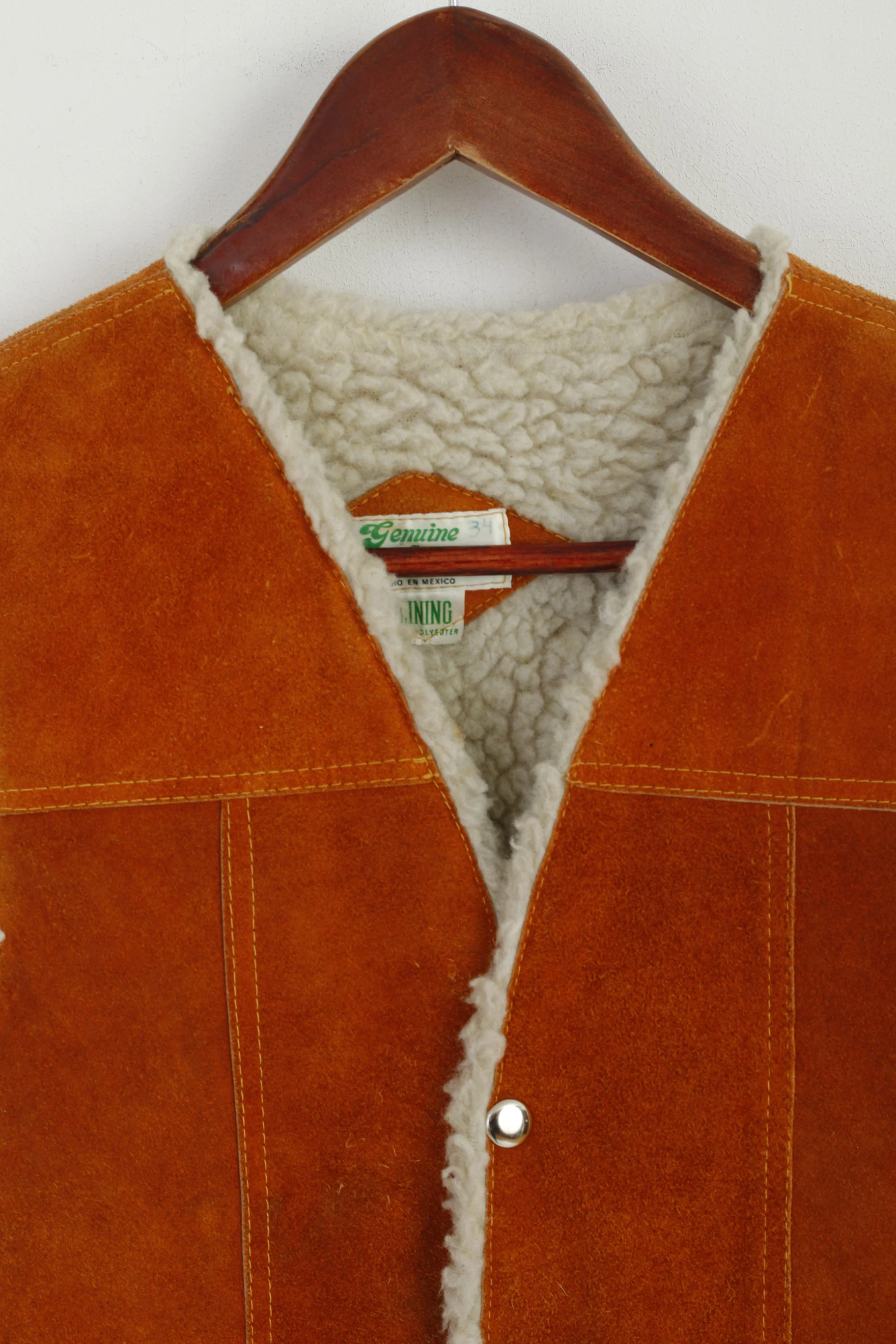 Genuine Leather Boys 10 Age Vest Brown Leather Imitation Wool Snaps Bodywarmer - Image 2