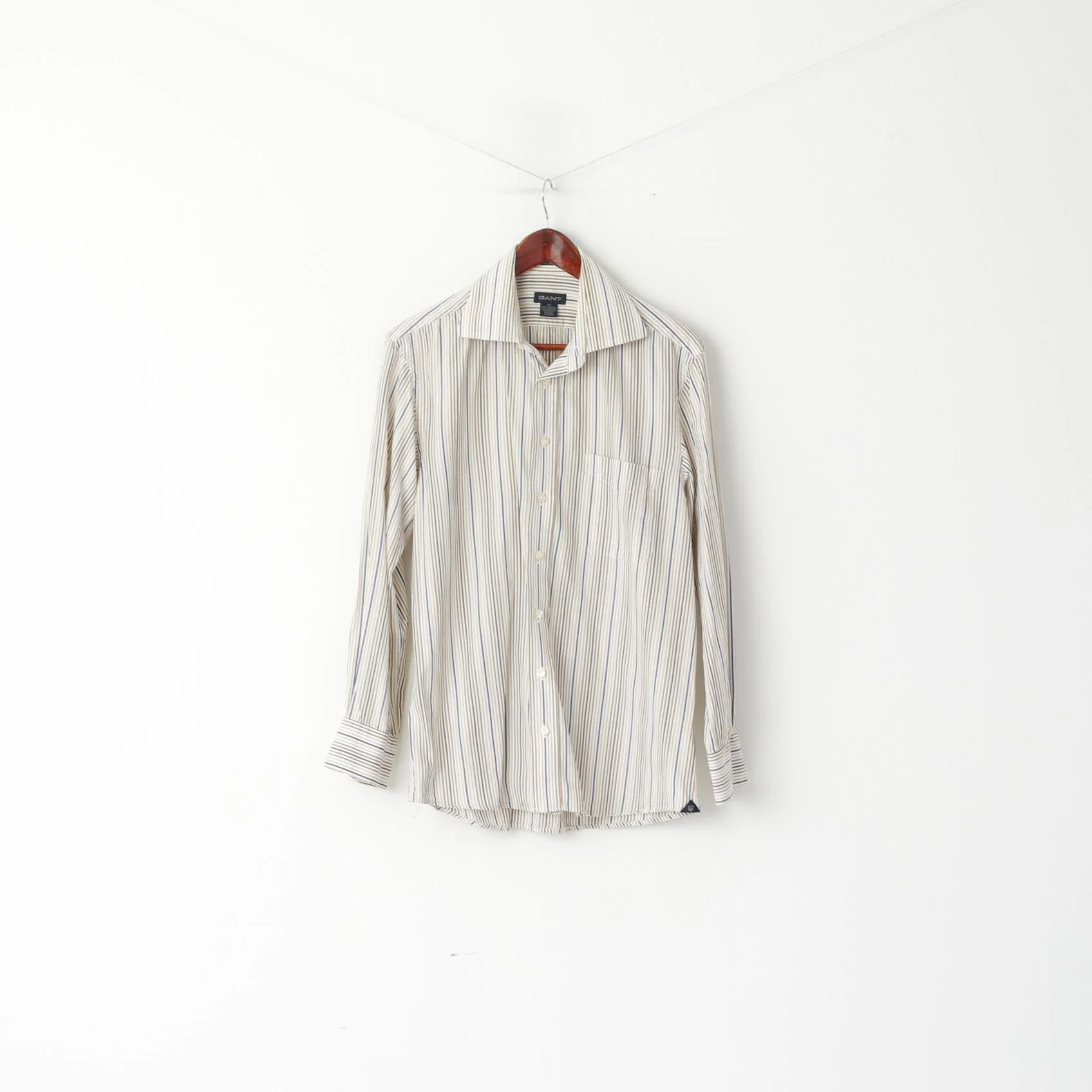 GANT Men M Casual Shirt Beige Striped 80's Two Ply Poplin Dress Fit Long Sleeve Top