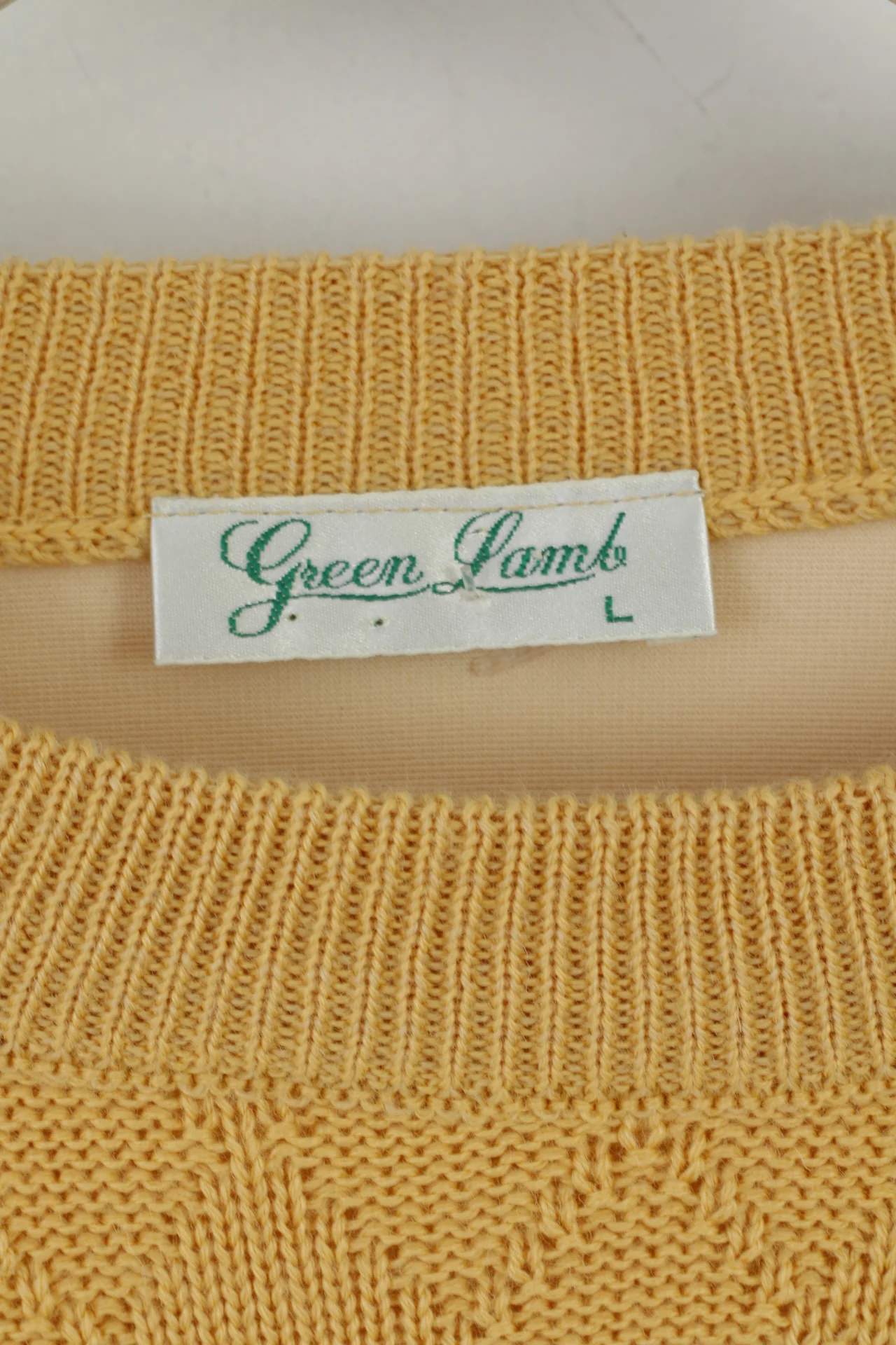 Green Lamb Men L Jumper Yellow Diamonds Permatex Wool Membrane System Top - Image 4