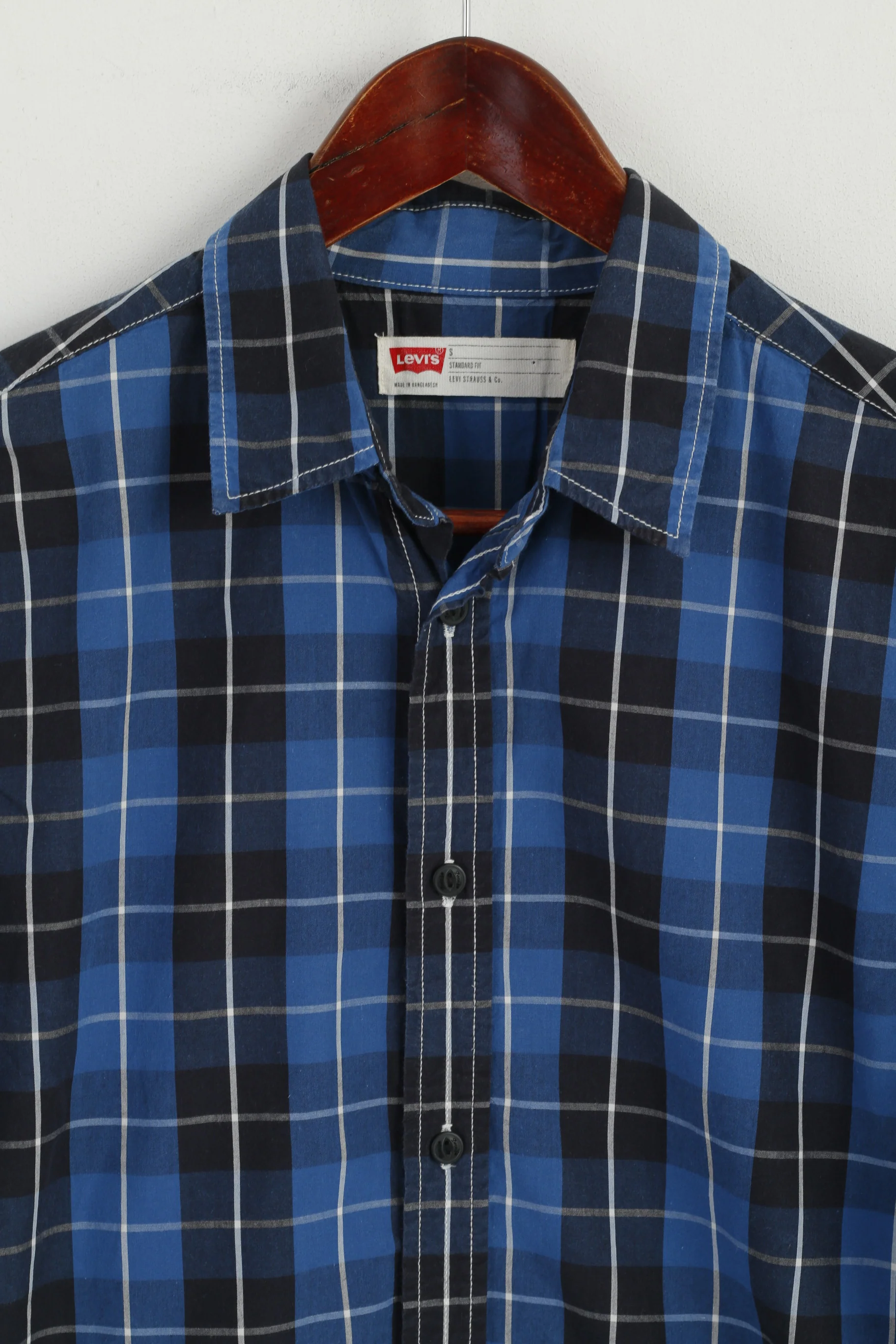 Levi's Men S Casual Shirt Navy Blue Check Cotton Standard Fit Long Sleeve Top - Image 2