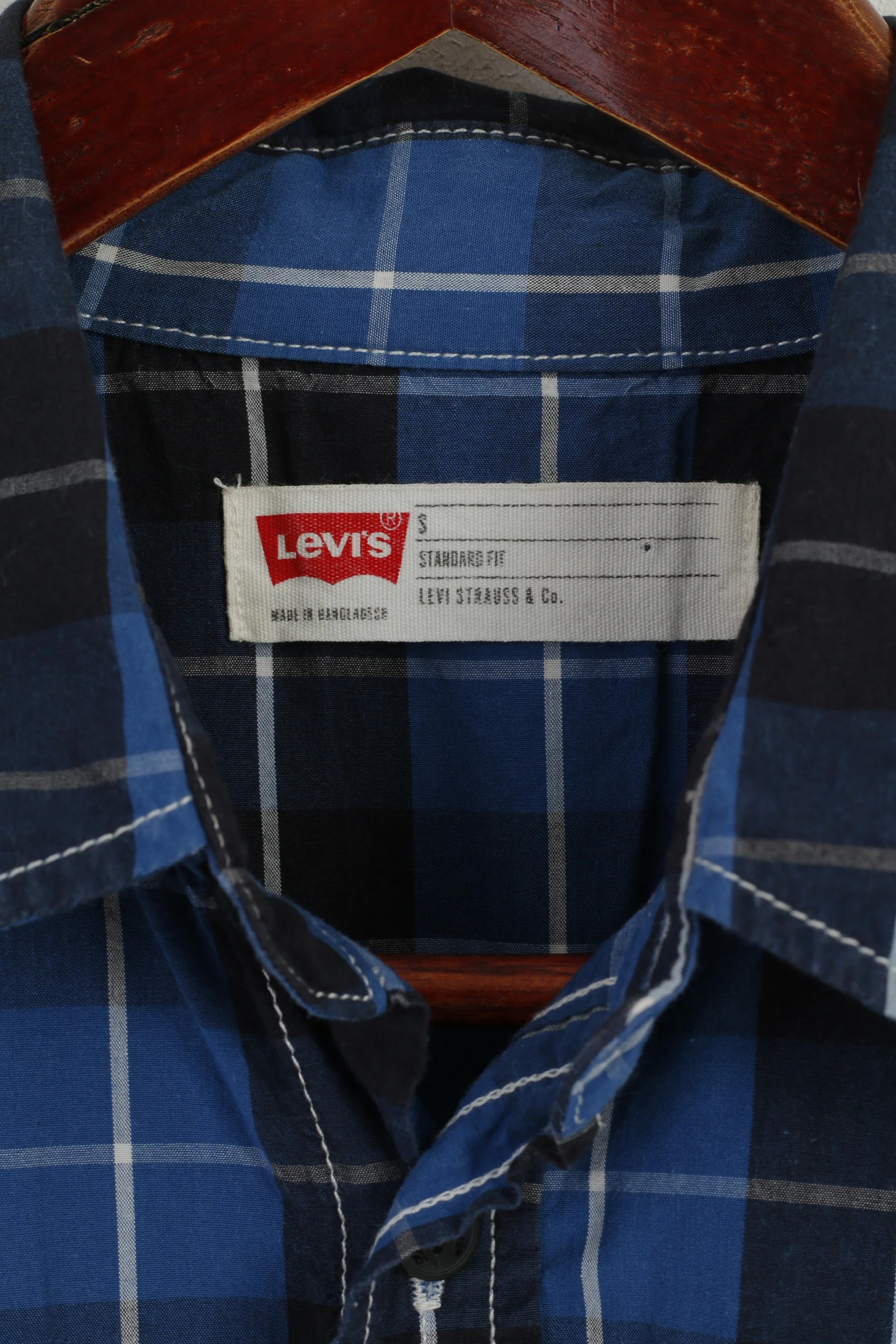 Levi's Men S Casual Shirt Navy Blue Check Cotton Standard Fit Long Sleeve Top - Image 4