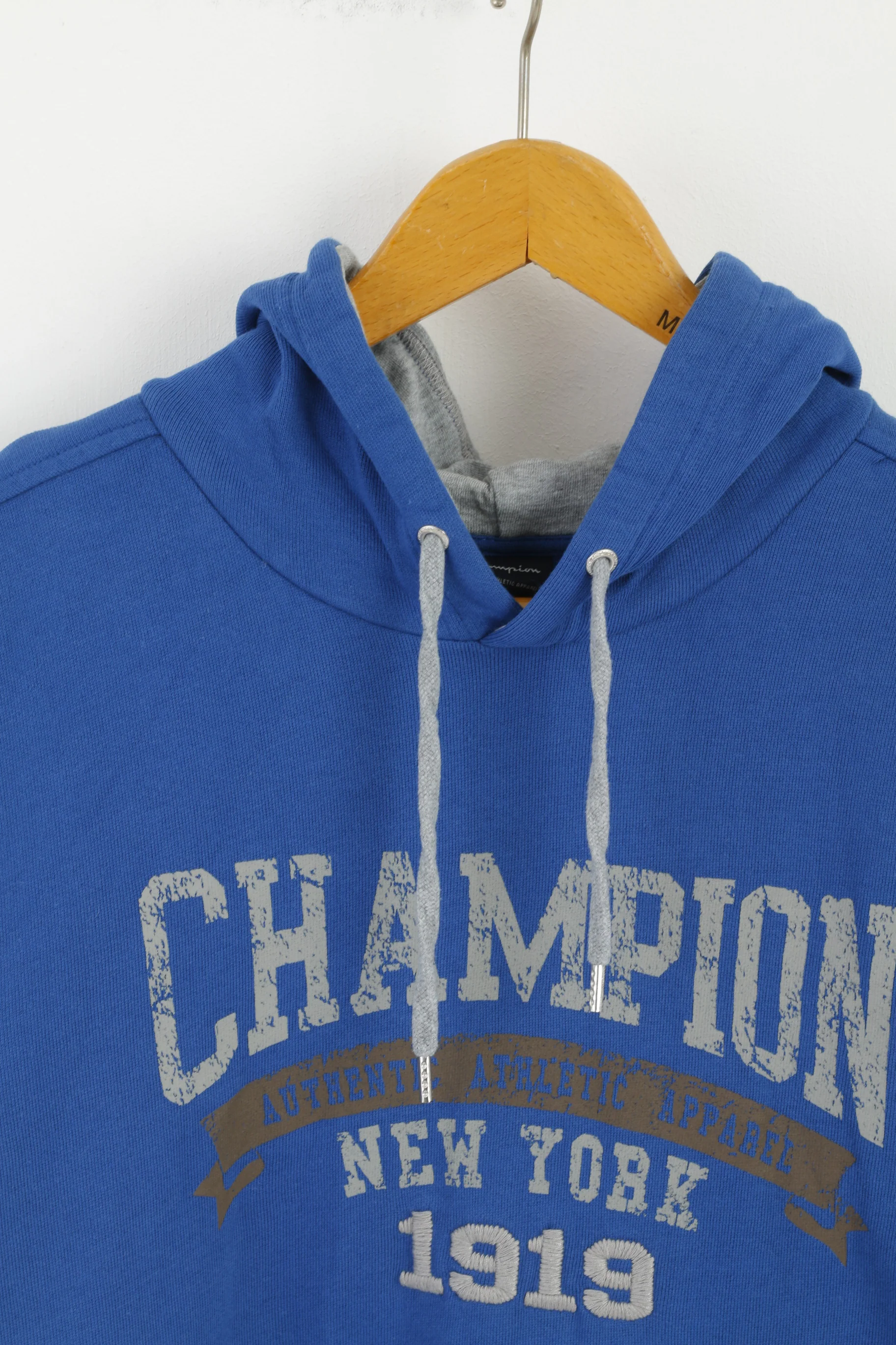 Champion Men M (S) Sweatshirt Blue Hoodie Graphic Cotton Kangaroo Pocket - Image 2