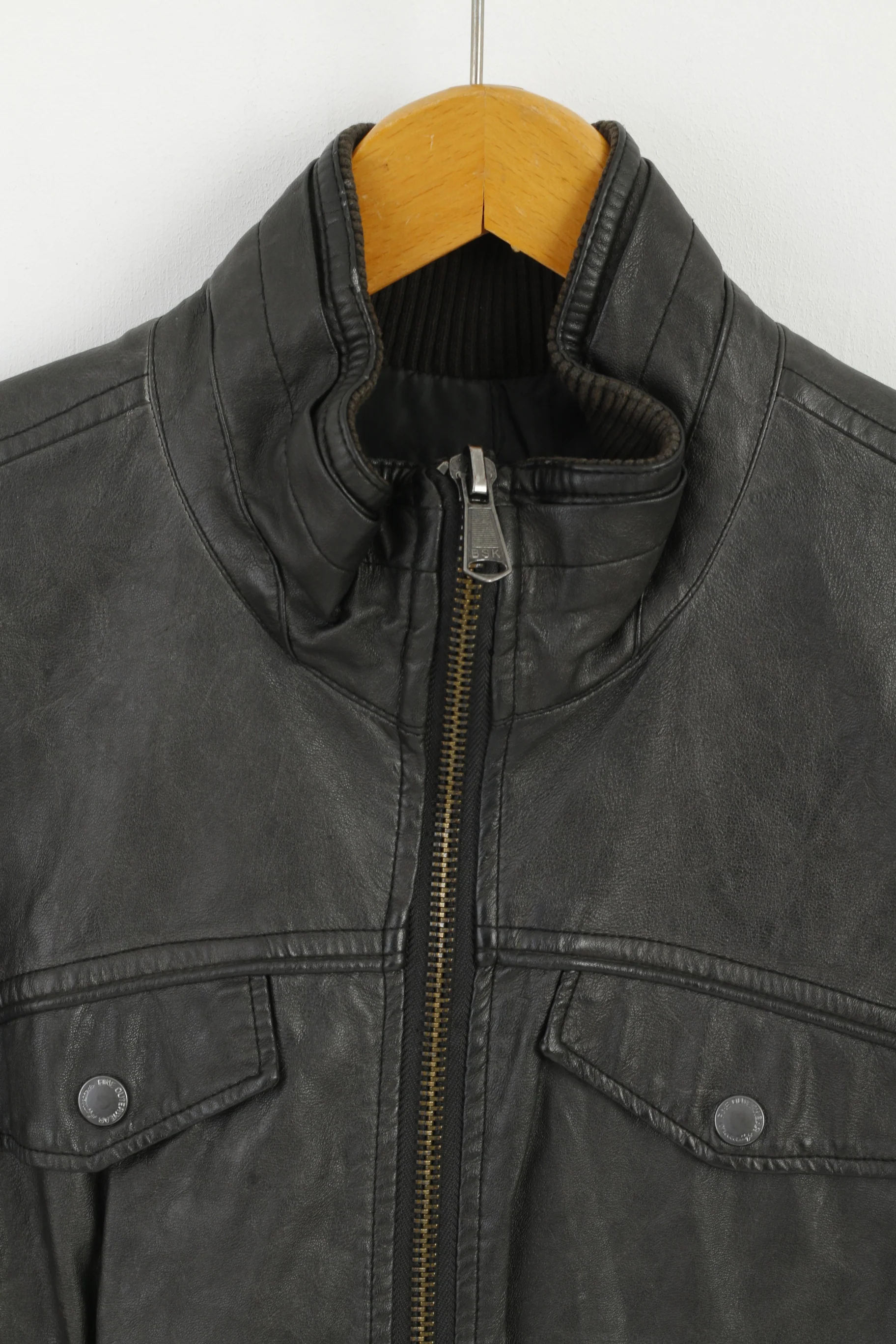 Bershka Men L (M) Jacket Imitation Leather Dark Brown Full Zipper Patches Biker - Image 2