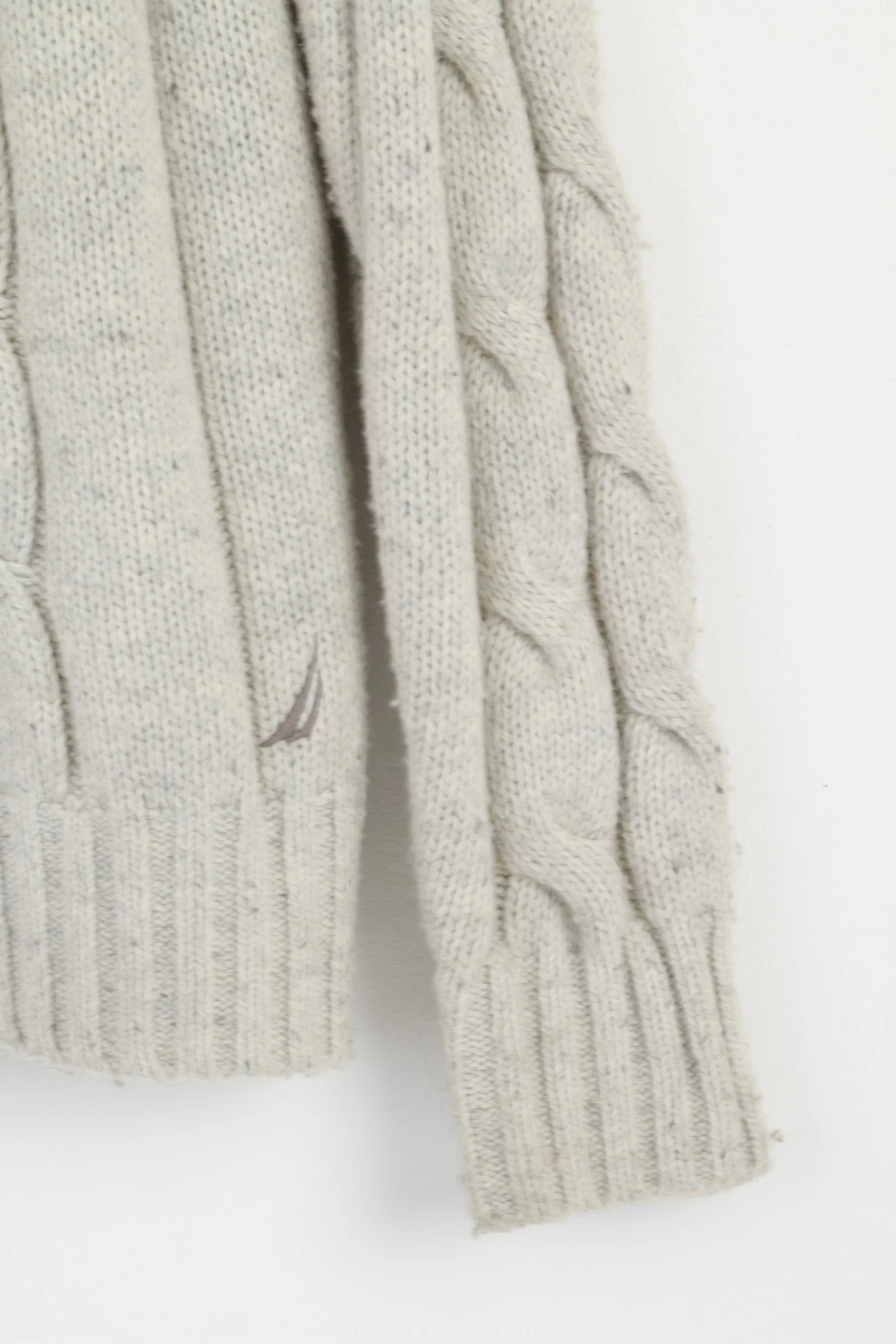 Nautica Men L Jumper Beige Gray Wool Blend Stretch Crew Neck Cable Knit Sweater - Image 3
