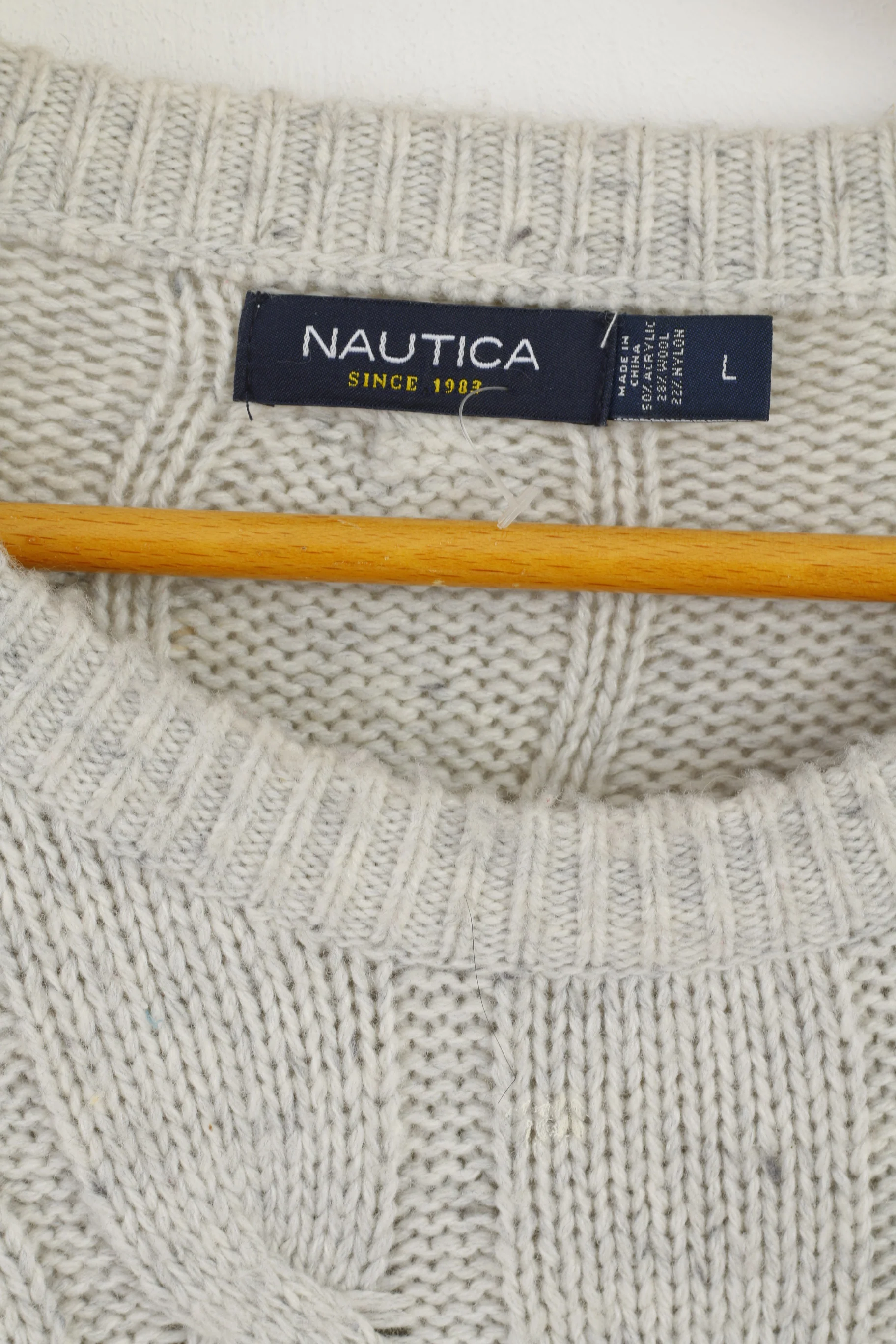 Nautica Men L Jumper Beige Gray Wool Blend Stretch Crew Neck Cable Knit Sweater - Image 4