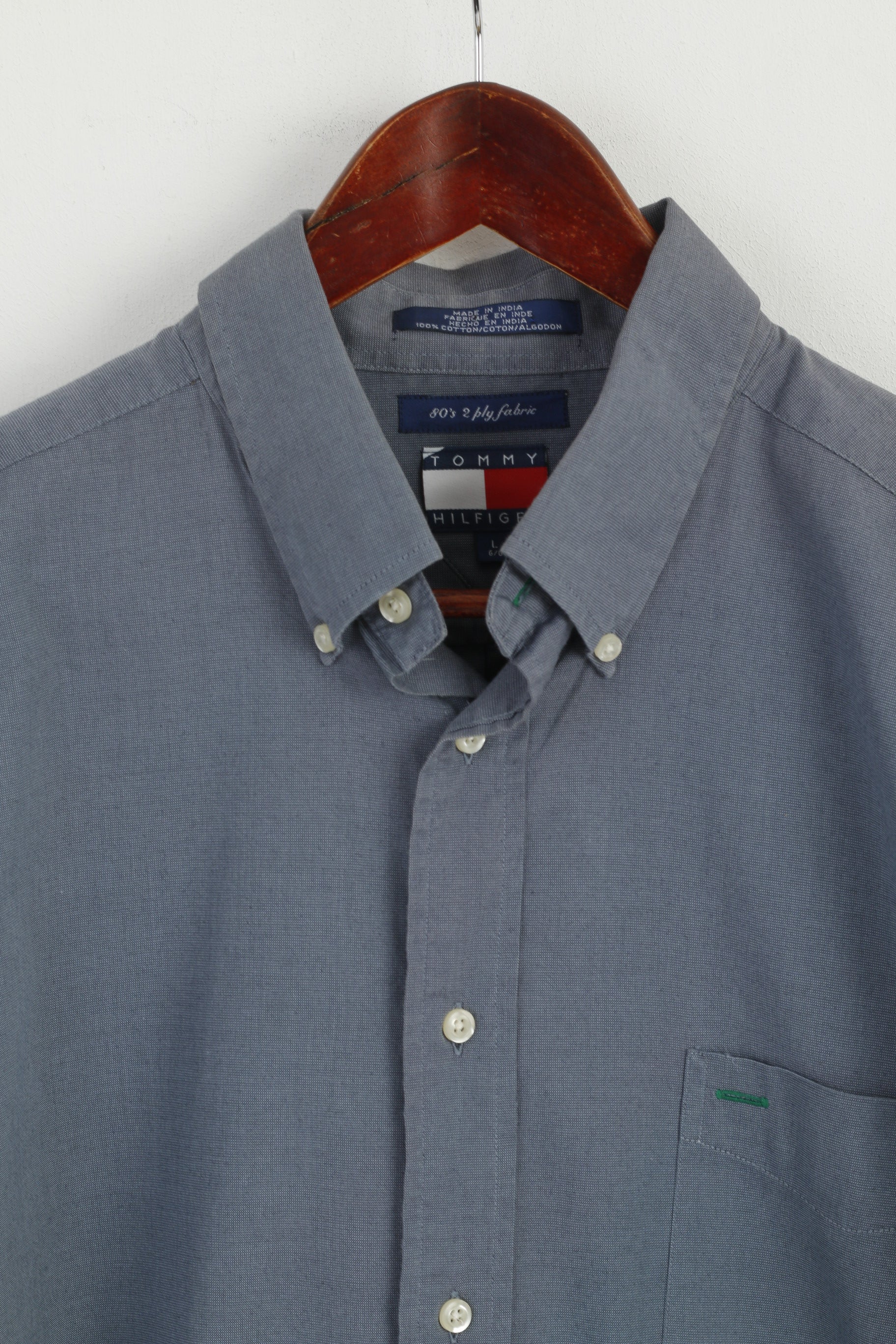 Tommy Hilfiger Men L Casual Shirt Blue 80's 2 ply Cotton Long Sleeve Classic Top - Image 2