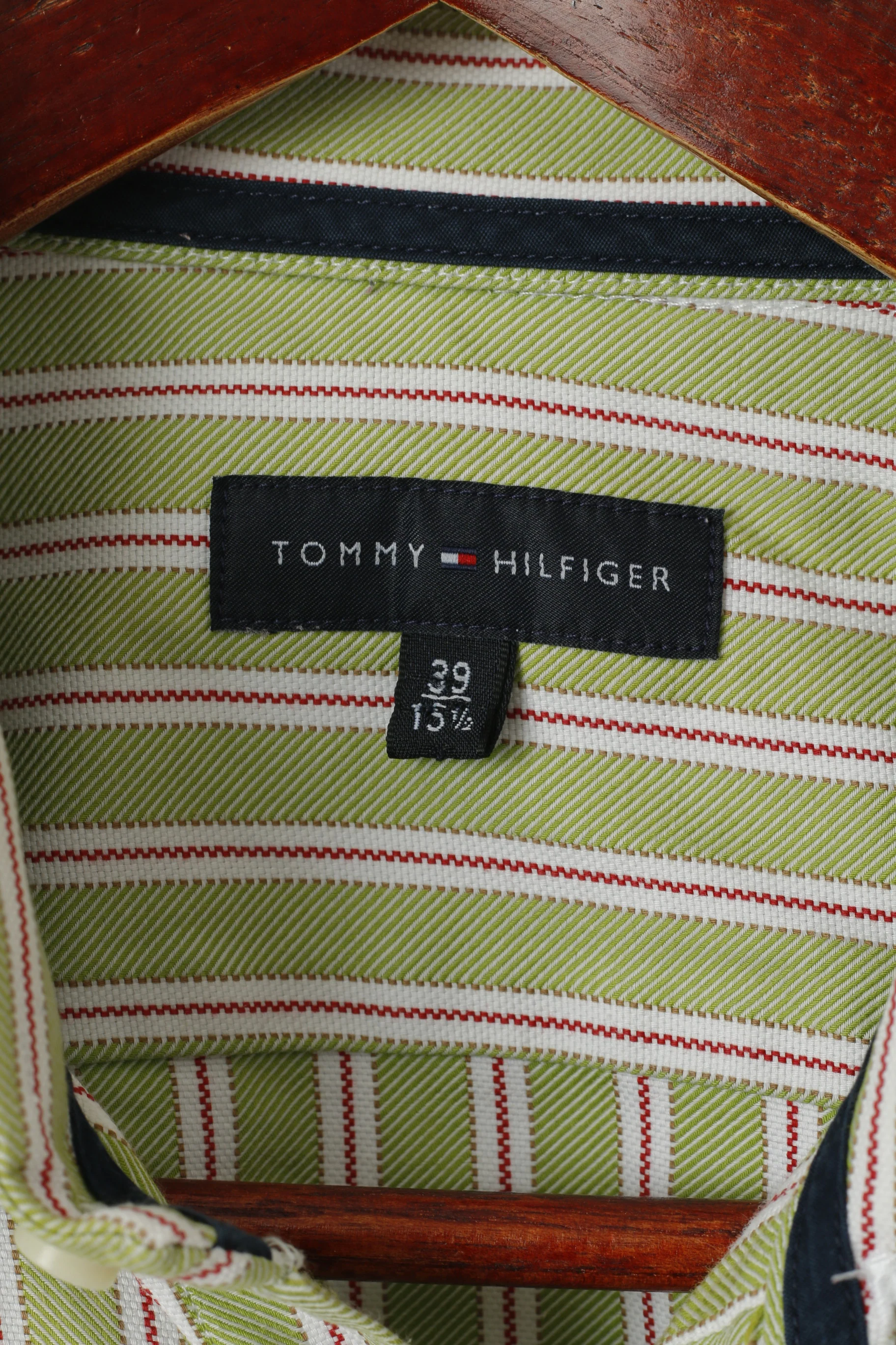 Tommy Hilfiger Men 39 15.5 M Casual Shirt Green Striped Cotton Long Sleeve Top - Image 4