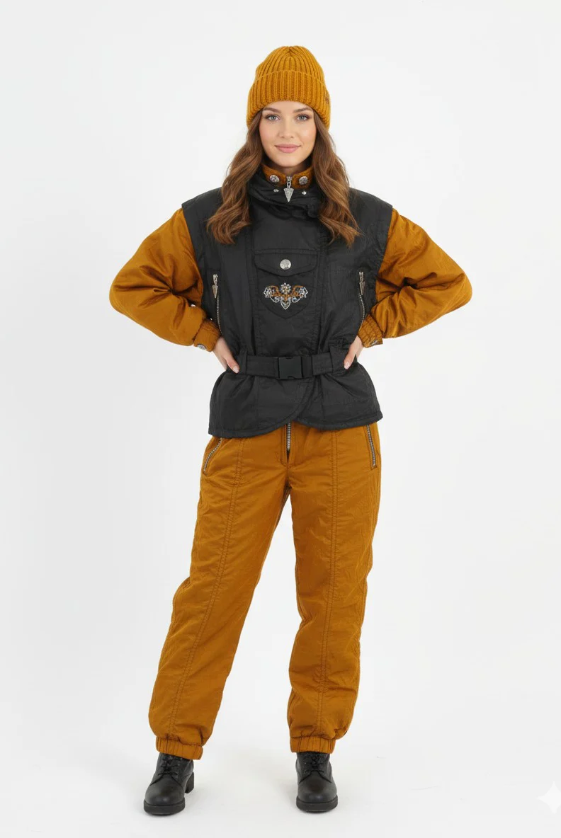 Alaska Snow Dancer Women 38 Ski Suit One Piece Black Gold Shiny Vintage Nylon Snowboarding Austria Skiwear