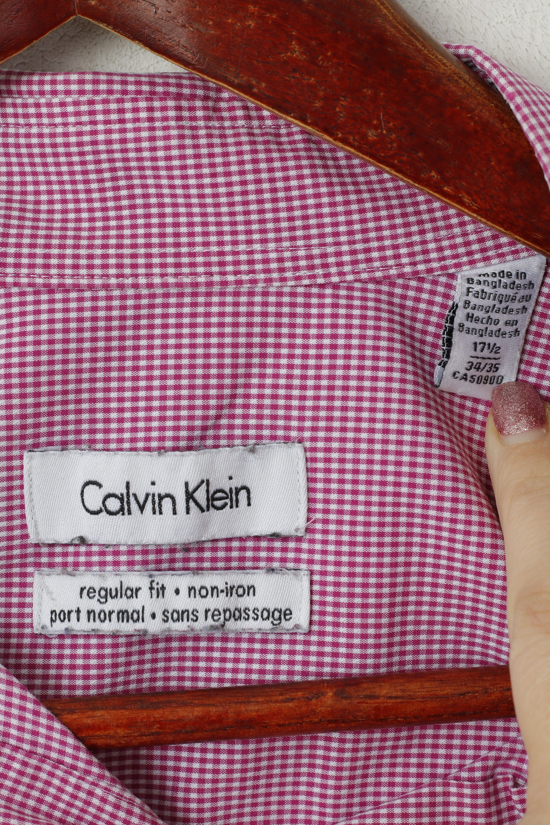 Calvin Klein Men 17.5 34/35 XXL Casual Shirt Pink Check Non Iron Cotton Long Sleeve Top - Image 4