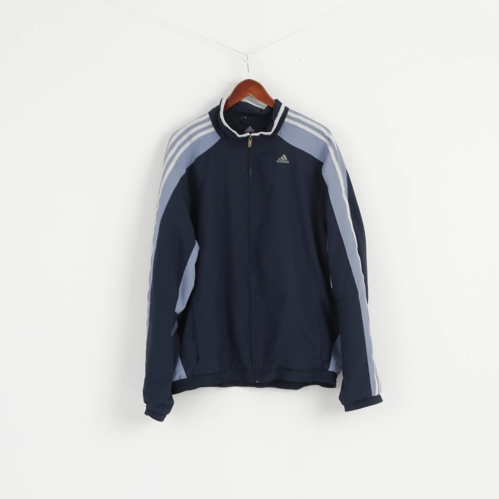 Adidas Men XL Jacket Navy Blue 3 Stripe Active Bomber Zip Up Traning Top
