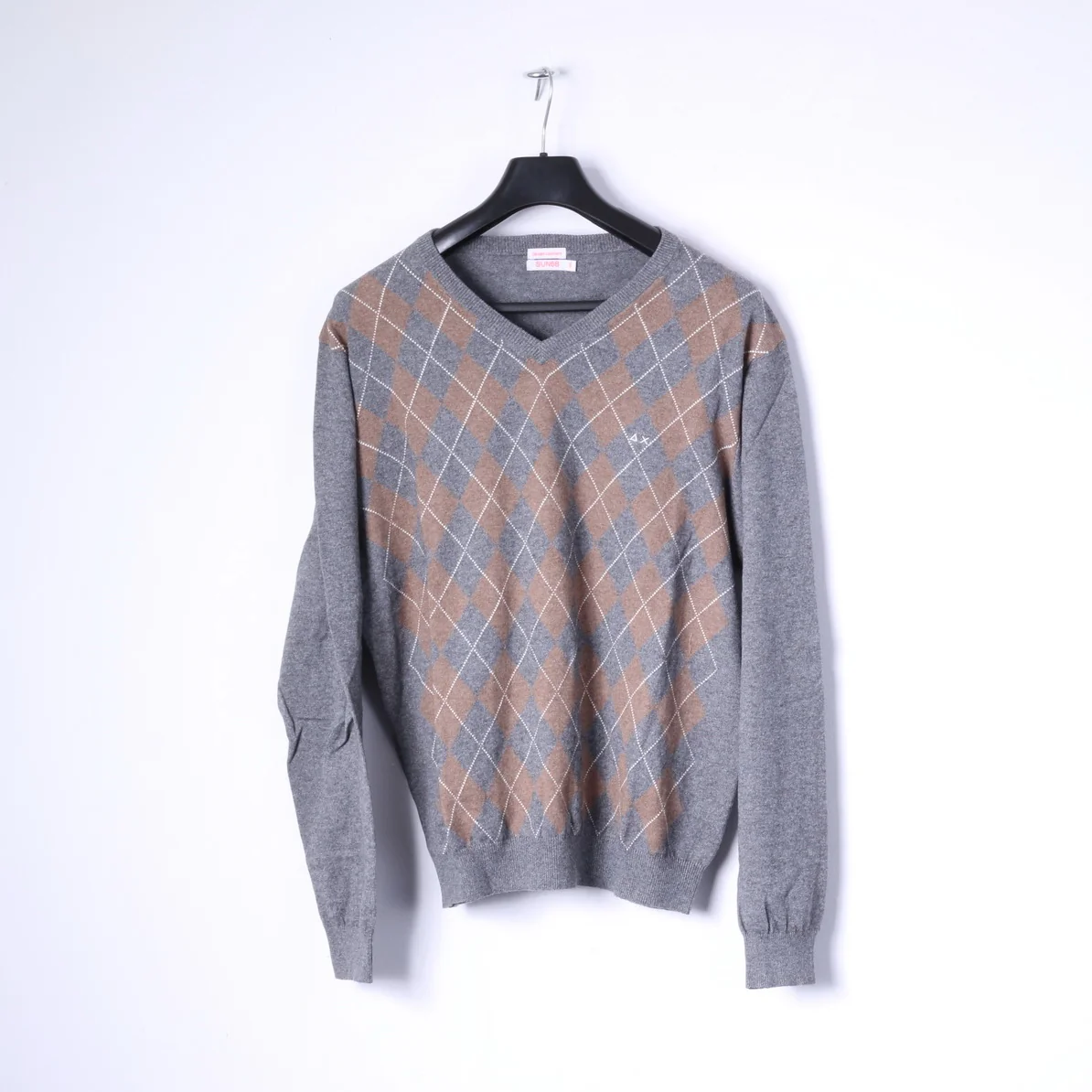 SUN 68 Men XXL Jumper Grey Cashmere Blend Grey V Neck Argyle Sweater - Image 2
