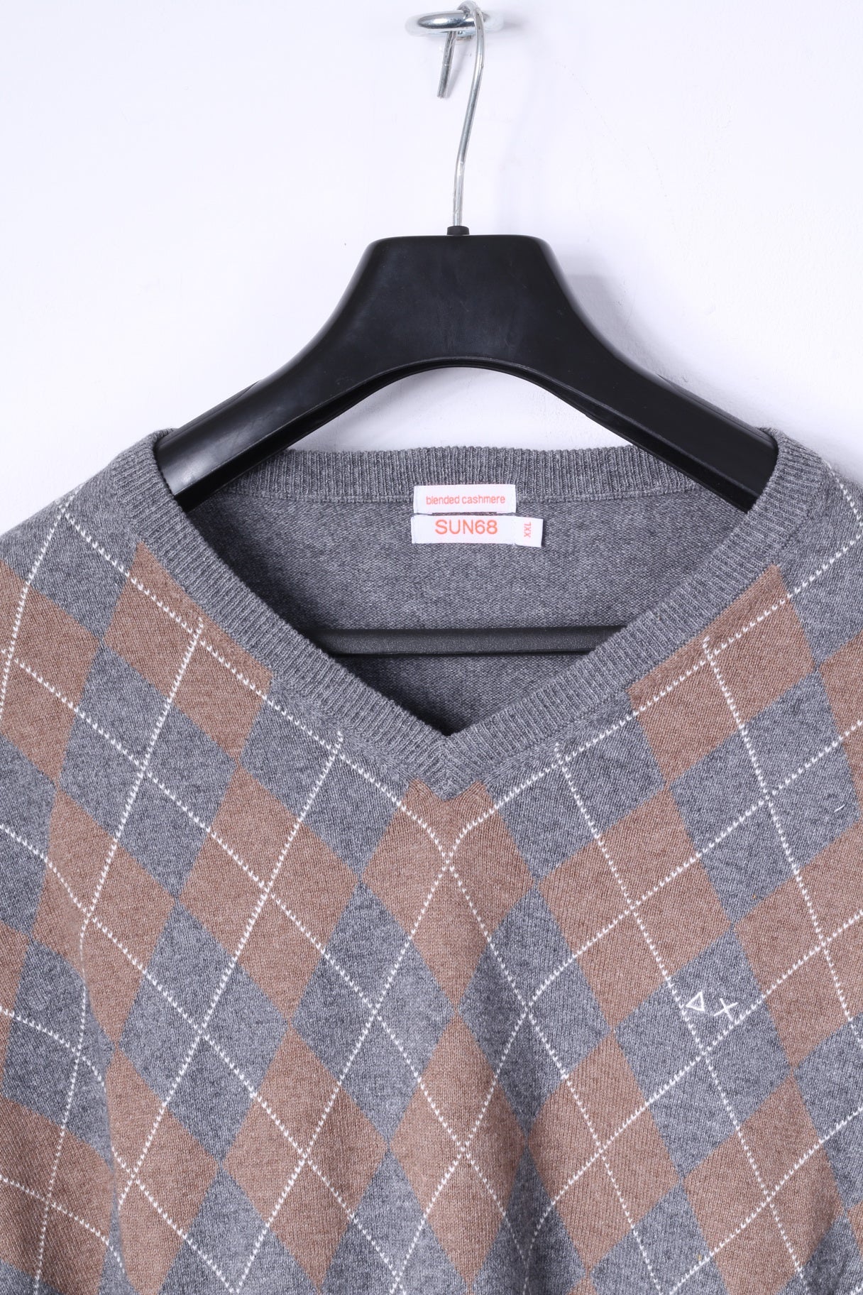 SUN 68 Men XXL Jumper Grey Cashmere Blend Grey V Neck Argyle Sweater - Image 3