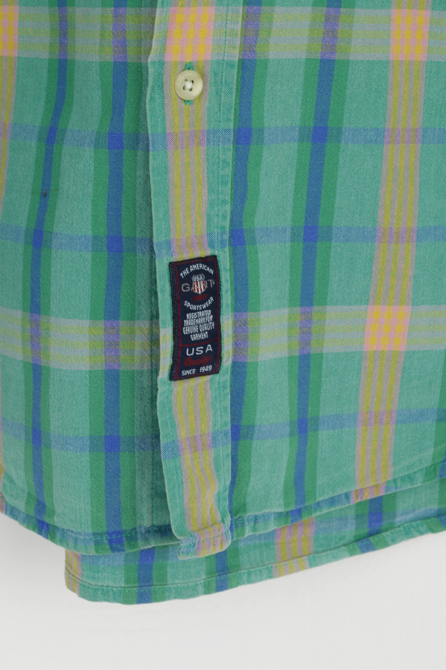 Gant Men M (L) Casual Shirt Green Check Chambray Cotton Short Sleeve Long Top - Image 3