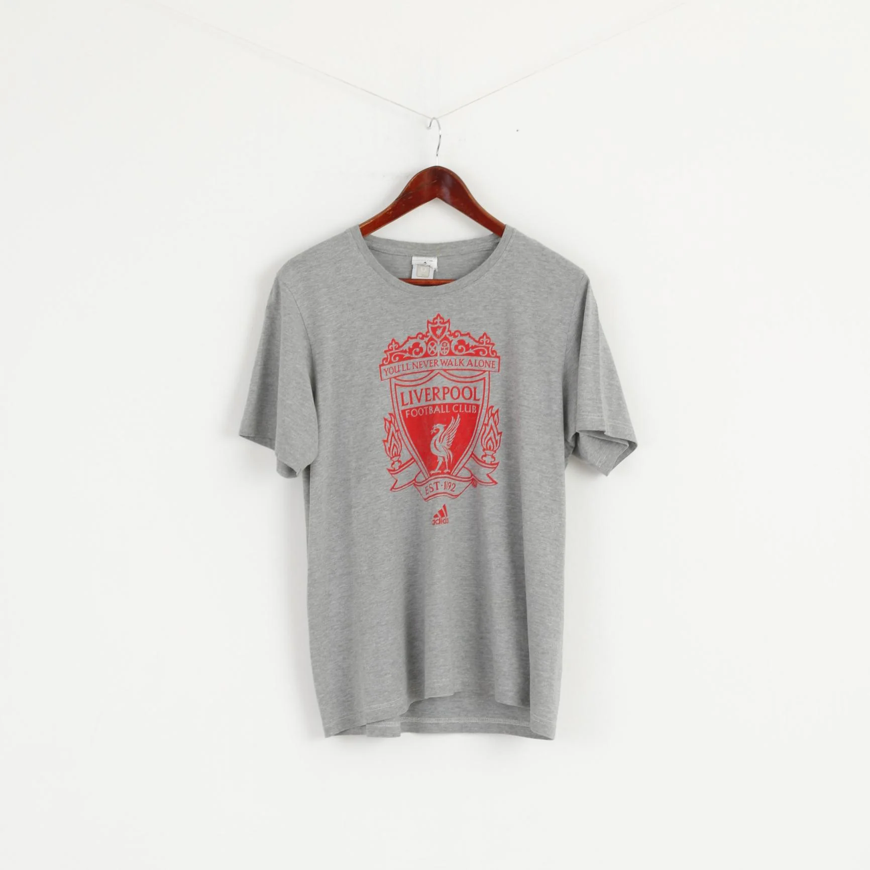 Adidas Men M T- Shirt Grey Graphic Liverpool Football Cotton Short Sleeve Top