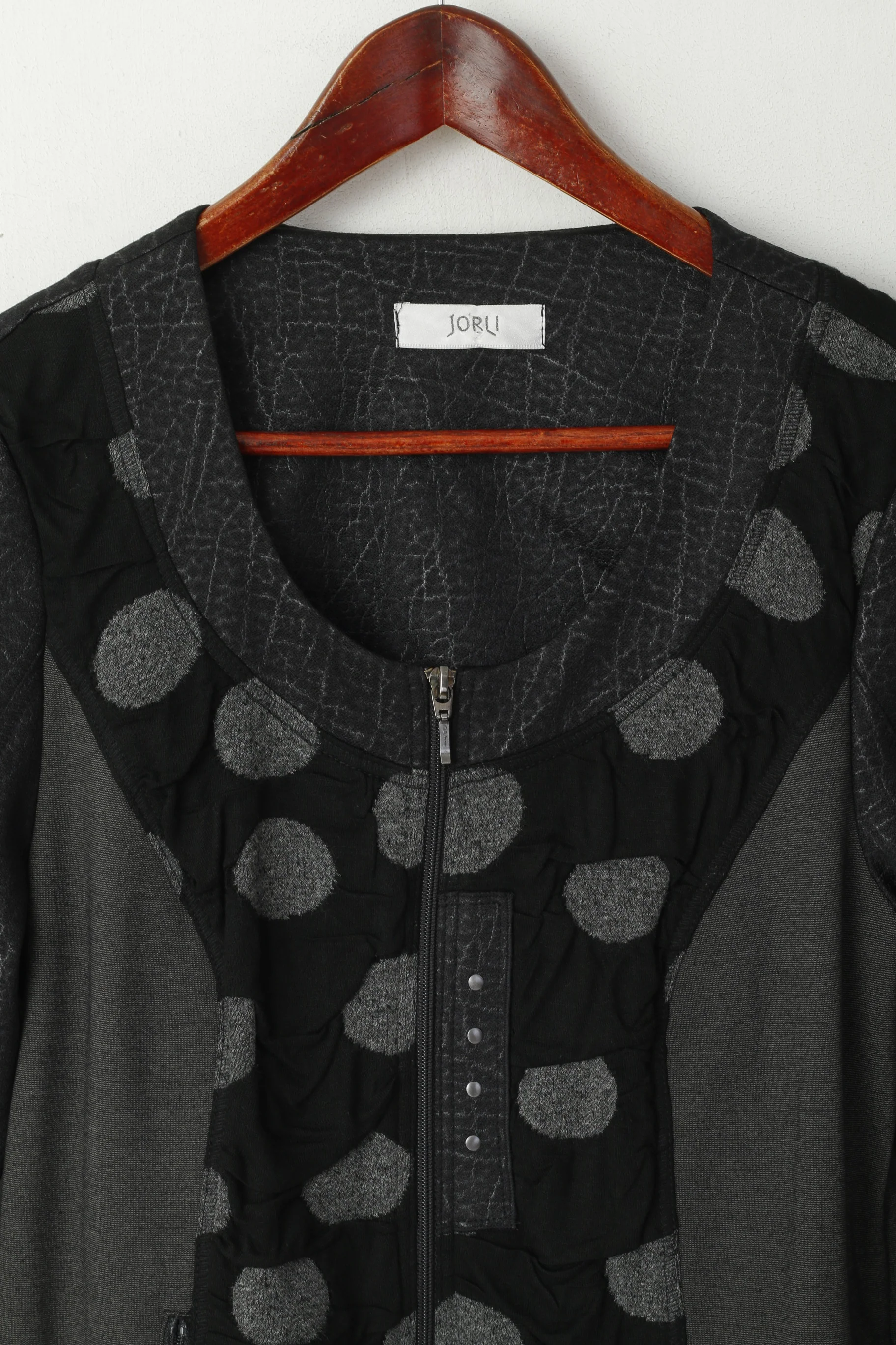 JORLI Women 14 40 M Jumper Grey Zip Up Cardigan Patchwork Stretch Top - Image 2