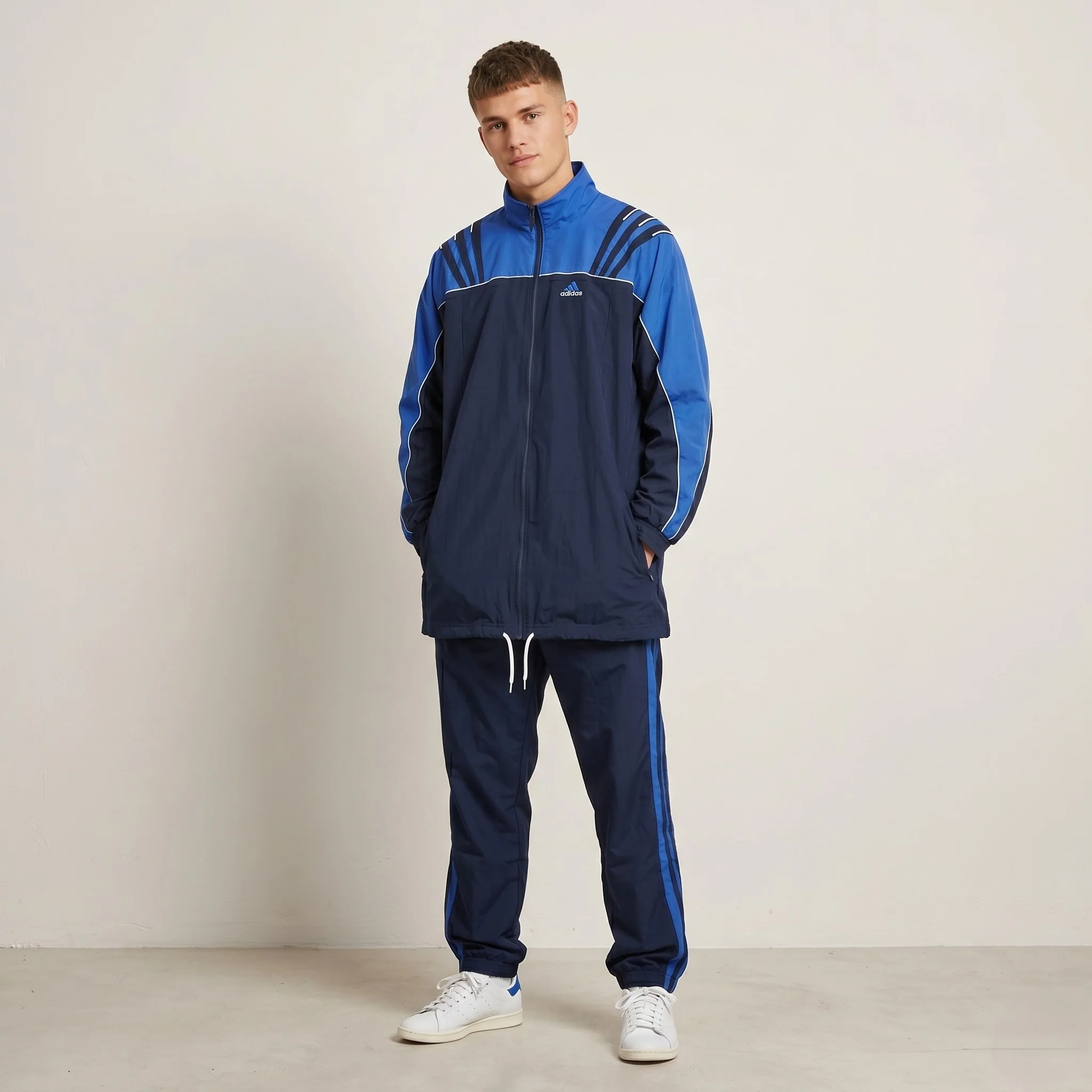 Adidas Men L 186 Jacket Navy Vintage Activewear Full Zip Bomber Sport Top
