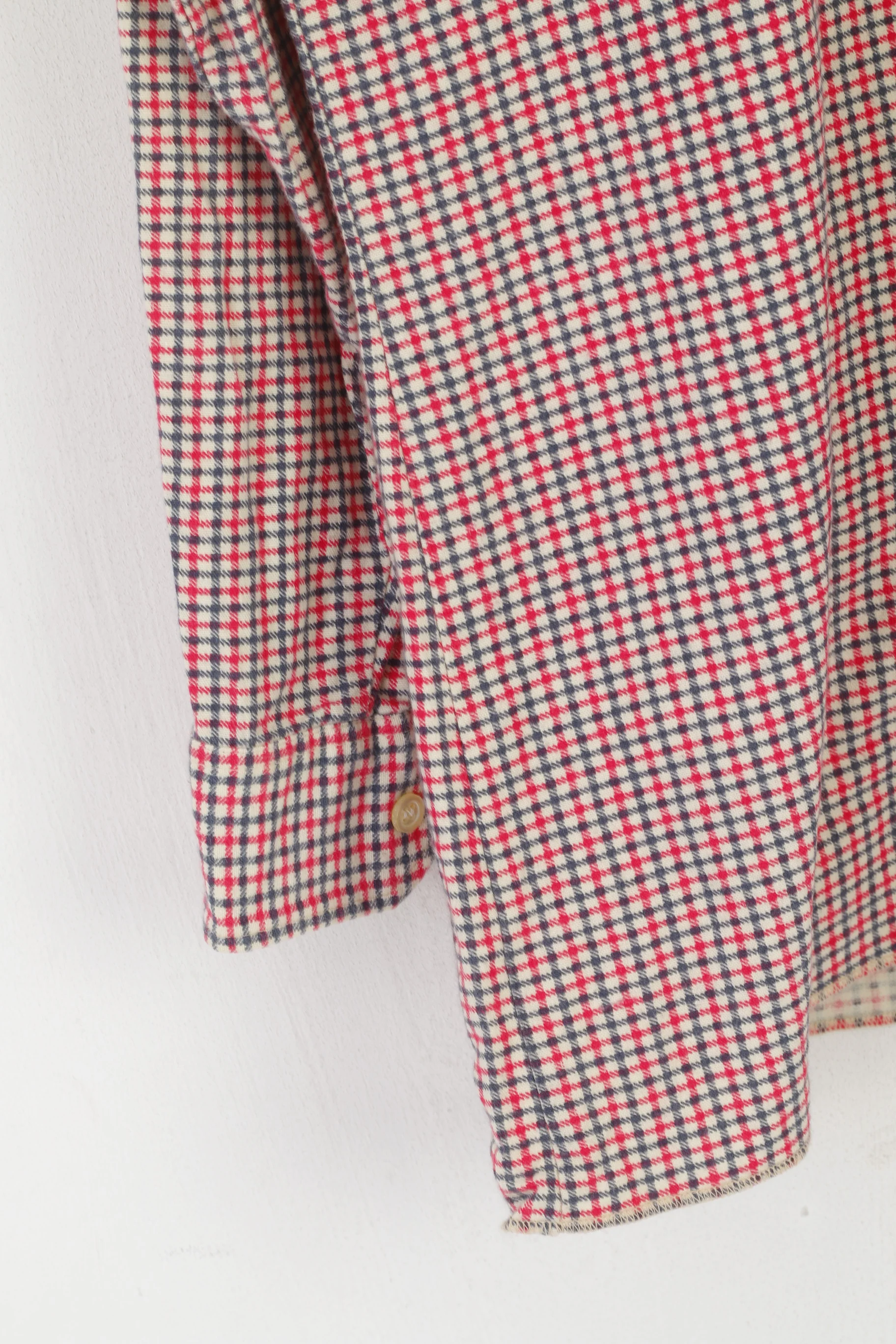 KKK Men M Casual Shirt Cream Cotton Vintage Pink Check Long Sleeve Top - Image 3
