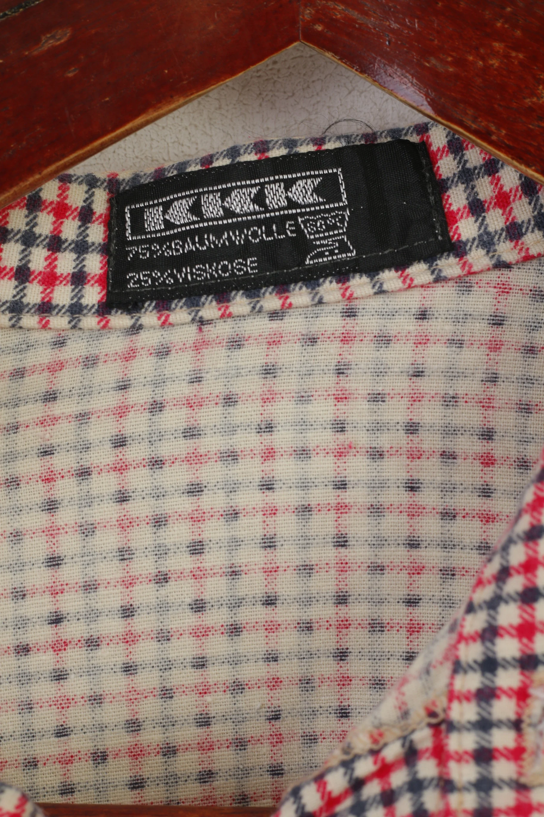 KKK Men M Casual Shirt Cream Cotton Vintage Pink Check Long Sleeve Top - Image 4
