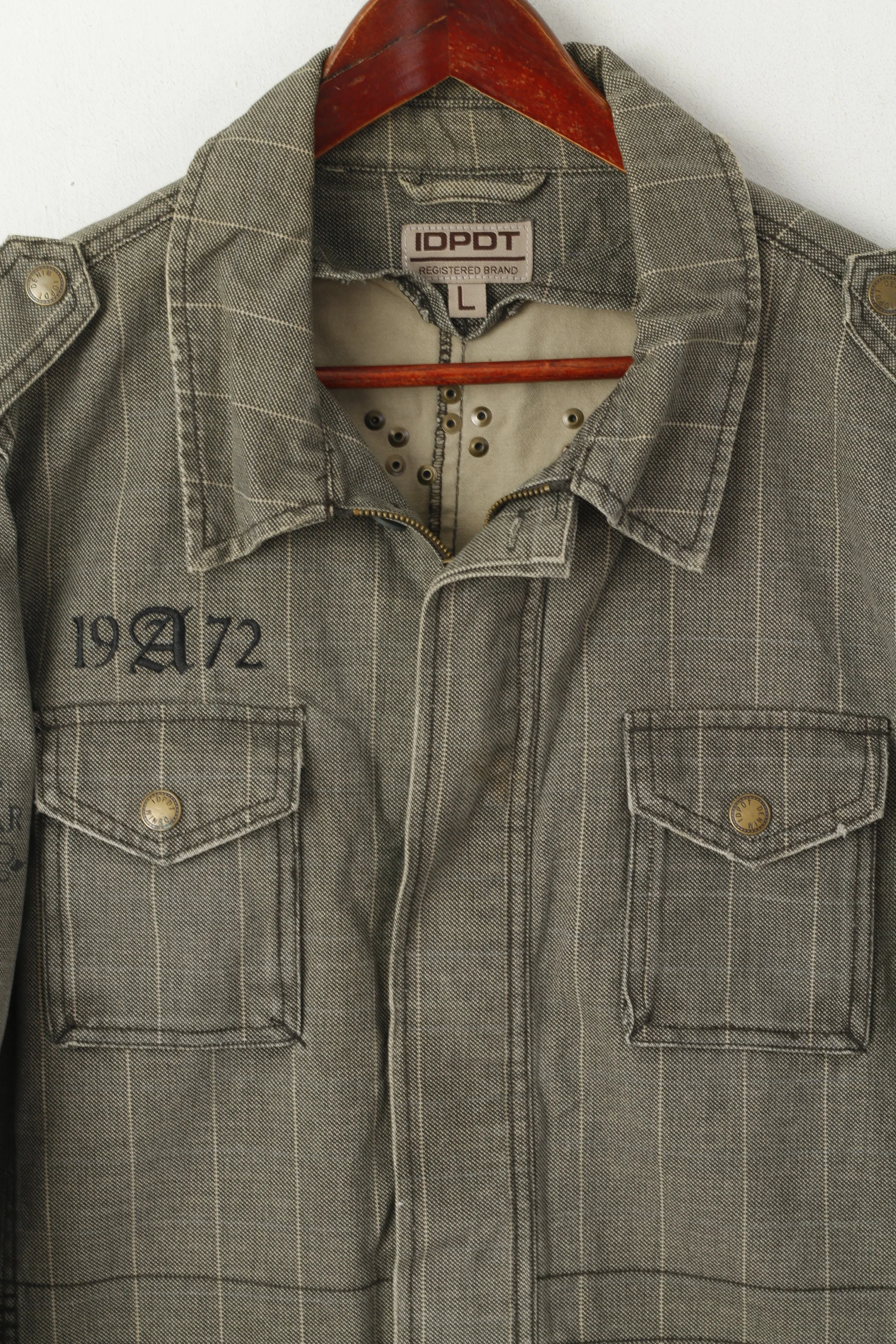 IDPDT Men L (M) Denim Jacket Gray Check Cotton Rough Gear Sky Rebel Blazer Top - Image 2