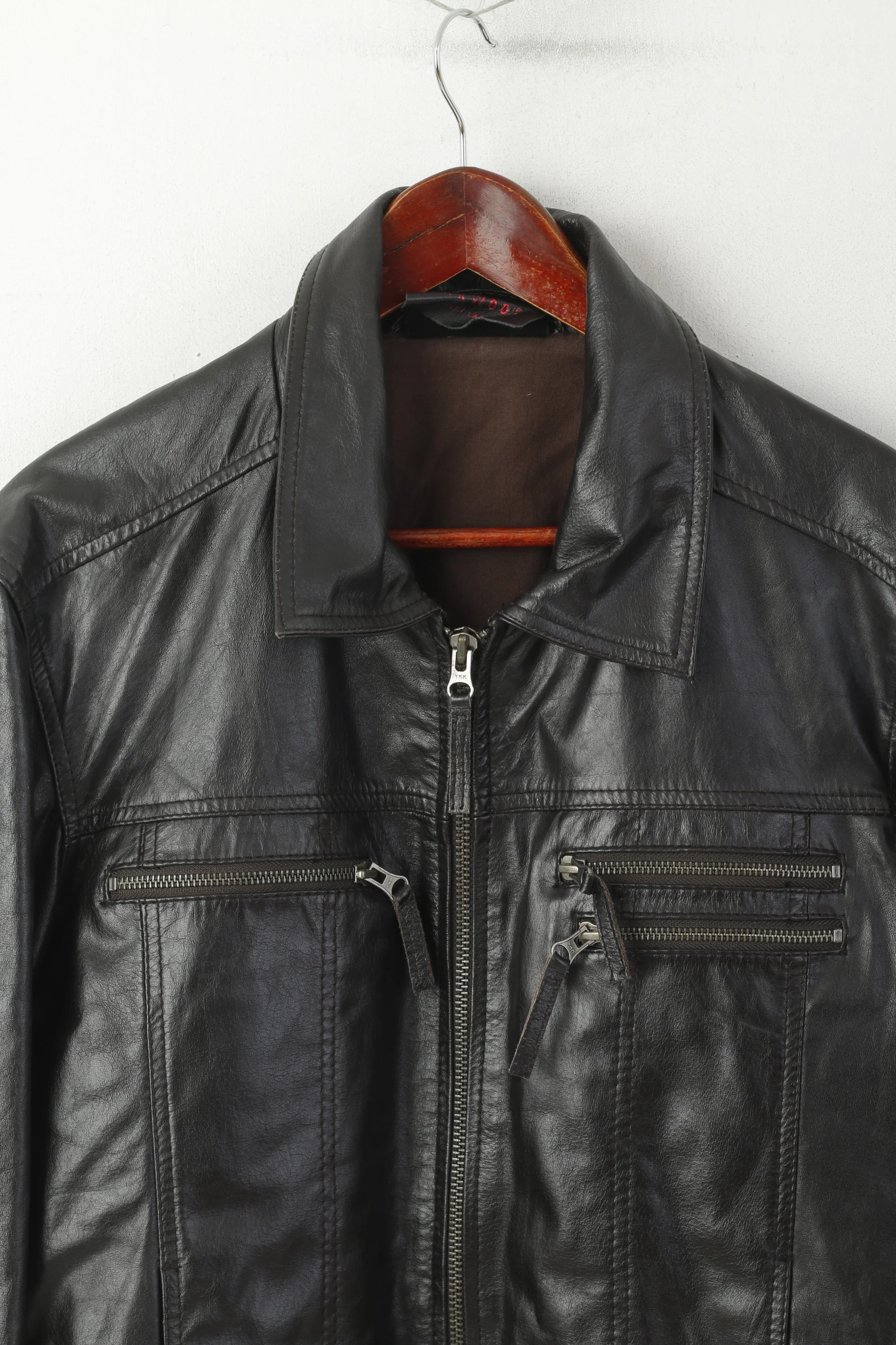 Oakwood Men L Jacket Dark Brown Leather Pilot Slim Full Zip Rock Bomber Biker Top - Image 2