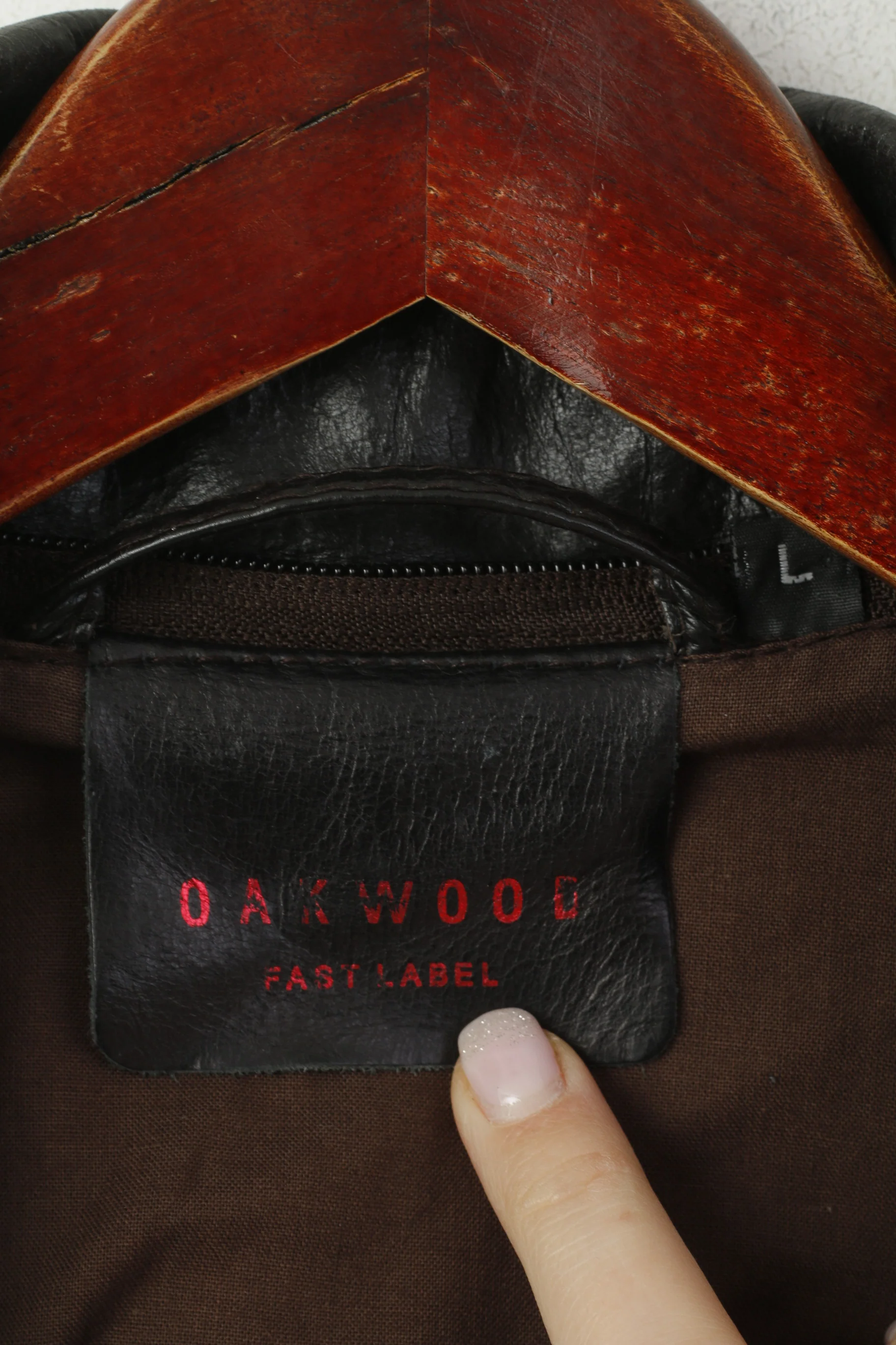 Oakwood Men L Jacket Dark Brown Leather Pilot Slim Full Zip Rock Bomber Biker Top - Image 7